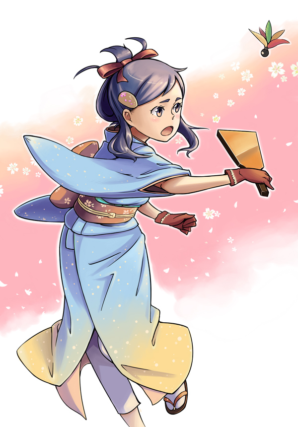 bowieknife, 1girl, black hair, brown eyes, female focus, gloves, hagoita, hanetsuki, japanese clothes, kimono, new year, open mouth, paddle, sandals, short hair, solo, tabi