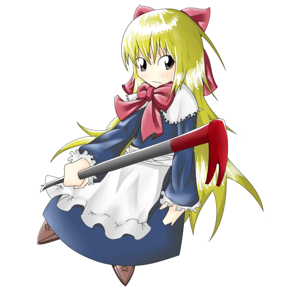 moro (pixiv240984), shanghai doll, touhou, bad id, bad pixiv id, 1girl, blonde hair, crowbar, doll, female focus, full body, holding, holding crowbar, ribbon, simple background, solo, weapon, white background