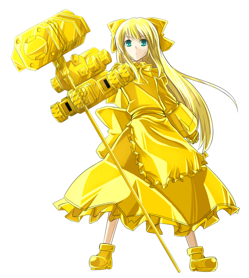 batsu, gaogaigar, shanghai doll, touhou, yuusha ou gaogaigar, yuusha series, 1girl, alternate color, blonde hair, blue eyes, doll, female focus, goldion hammer, green eyes, hammer, long hair, parody, ribbon, simple background, solo, weapon, white background