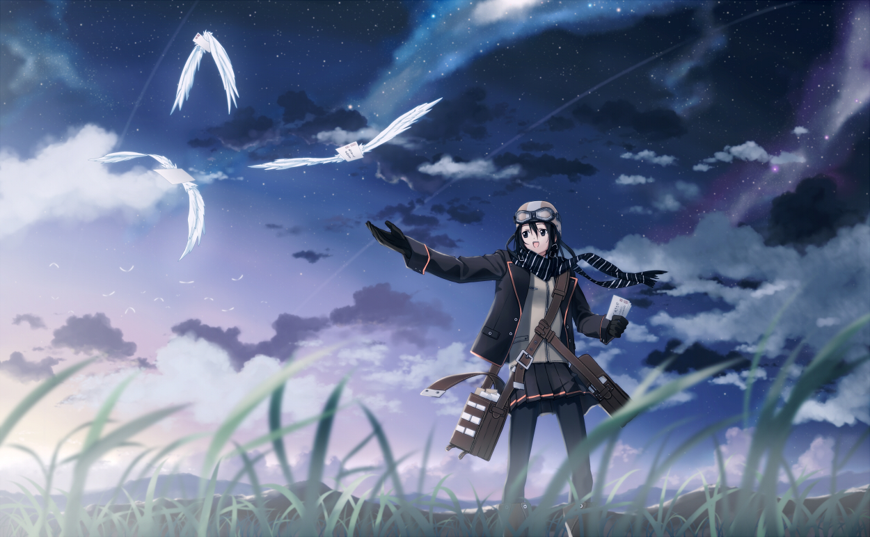nagareboshi, original, goggles, helmet, letter, scarf, sky, solo, wings