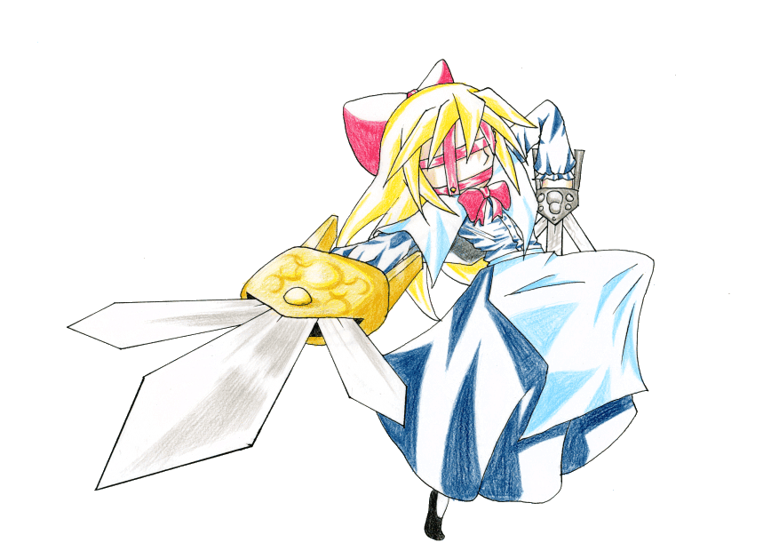 ryouko (pixiv342653), shanghai doll, voldo, soul calibur, soulcalibur, soulcalibur iv, touhou, traditional media, 1girl, blonde hair, dagger, female focus, jamadhar, katar, knife, parody, push dagger, ribbon, solo, weapon