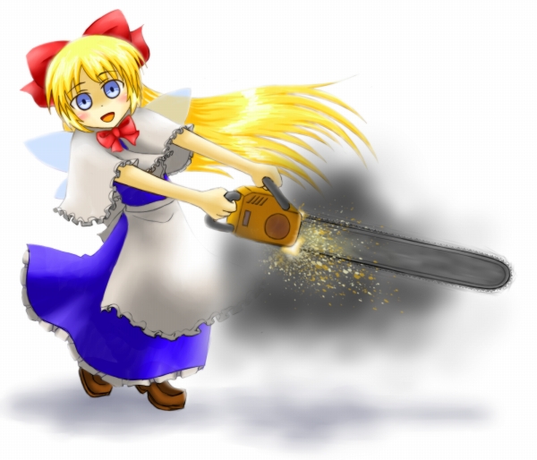 aaku, shanghai doll, touhou, bad id, bad pixiv id, 1girl, blonde hair, blue eyes, chainsaw, doll, female focus, full body, ribbon, solo, standing, weapon, white background, wings