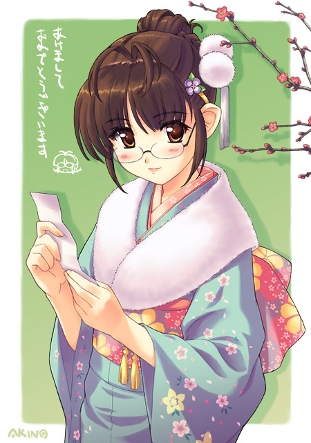 akino takehiko, akizuki ritsuko, idolmaster, idolmaster (classic), idolmaster 1, 00s, 1girl, akeome, antenna hair, artist name, blush, brown eyes, brown hair, cherry blossoms, female focus, floral print, flower, fur collar, glasses, green background, hair ornament, hairclip, happy new year, holding, japanese clothes, kimono, looking at viewer, new year, obi, omikuji, outside border, plum blossoms, pom pom (clothes), sash, sidelocks, smile, solo
