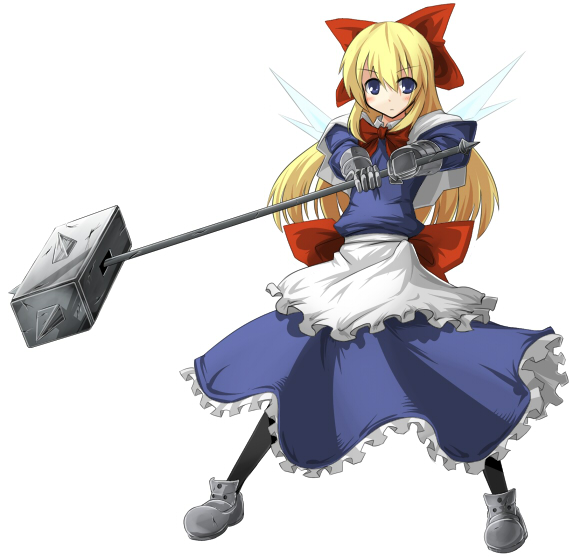 batsu, shanghai doll, touhou, 1girl, blonde hair, blue eyes, female focus, full body, gauntlets, hammer, pantyhose, polearm, ribbon, simple background, solo, standing, war hammer, warhammer, weapon, white background, wings