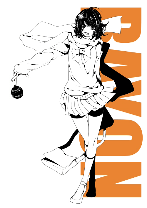 akishima kei, 1girl, arm behind back, bag, bow, bowtie, female focus, full body, holding, holding bag, kneehighs, long scarf, long sleeves, looking at viewer, medium hair, messy hair, miniskirt, monochrome, open mouth, outstretched arm, pleated skirt, scarf, school uniform, serafuku, shoes, skirt, sleeves past wrists, smile, socks, solo, standing, sweater, walking, wind