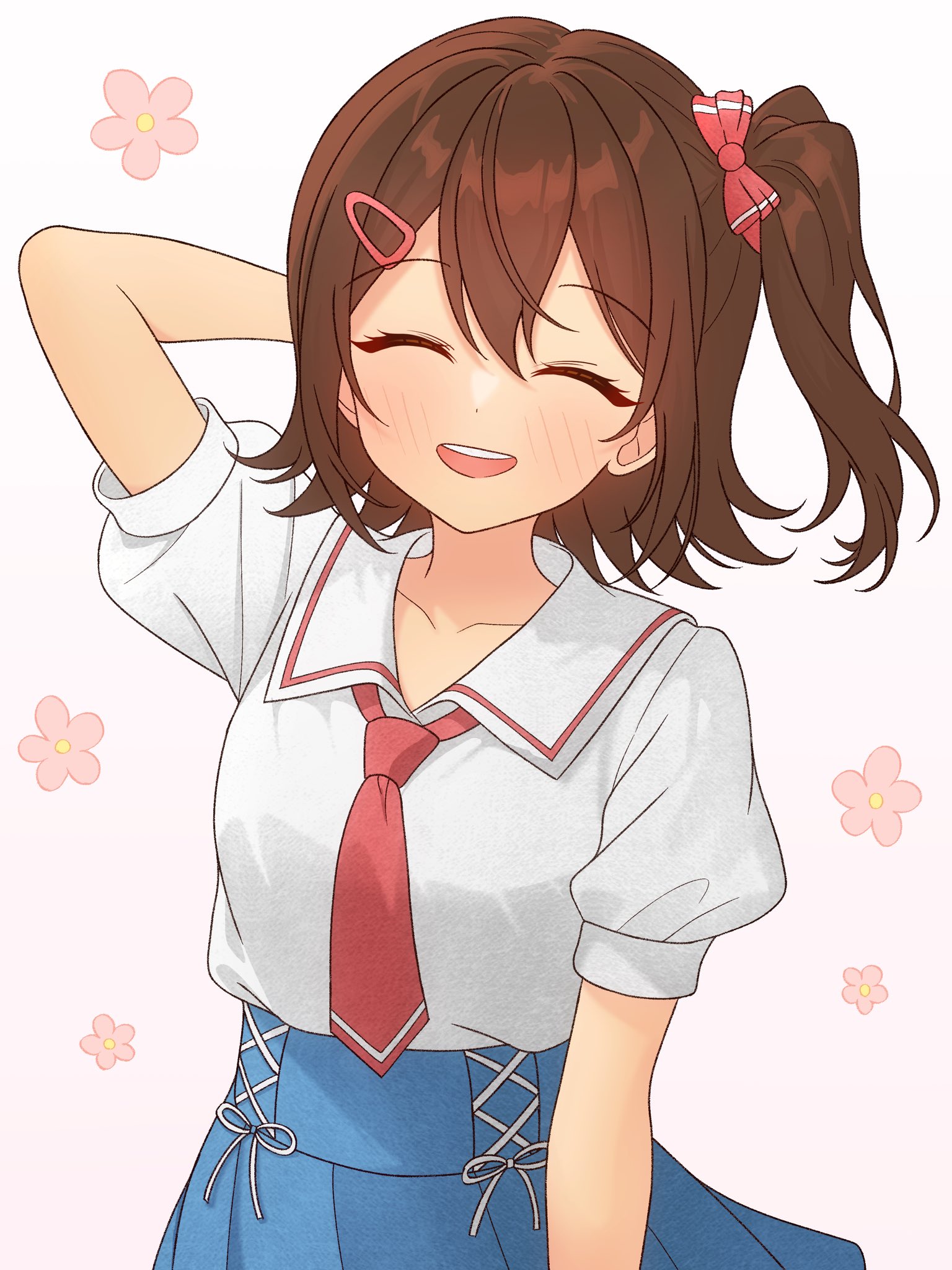 82k mugi, kasuga mirai, idolmaster, idolmaster million live!, highres, 1girl, arm behind head, arm up, blue skirt, blush, bow, brown hair, closed eyes, facing viewer, flower symbol, hair bow, hair ornament, hairclip, necktie, one side up, open mouth, red bow, red necktie, shirt, short hair, short sleeves, skirt, smile, solo, teeth, upper body, upper teeth only, white background, white shirt