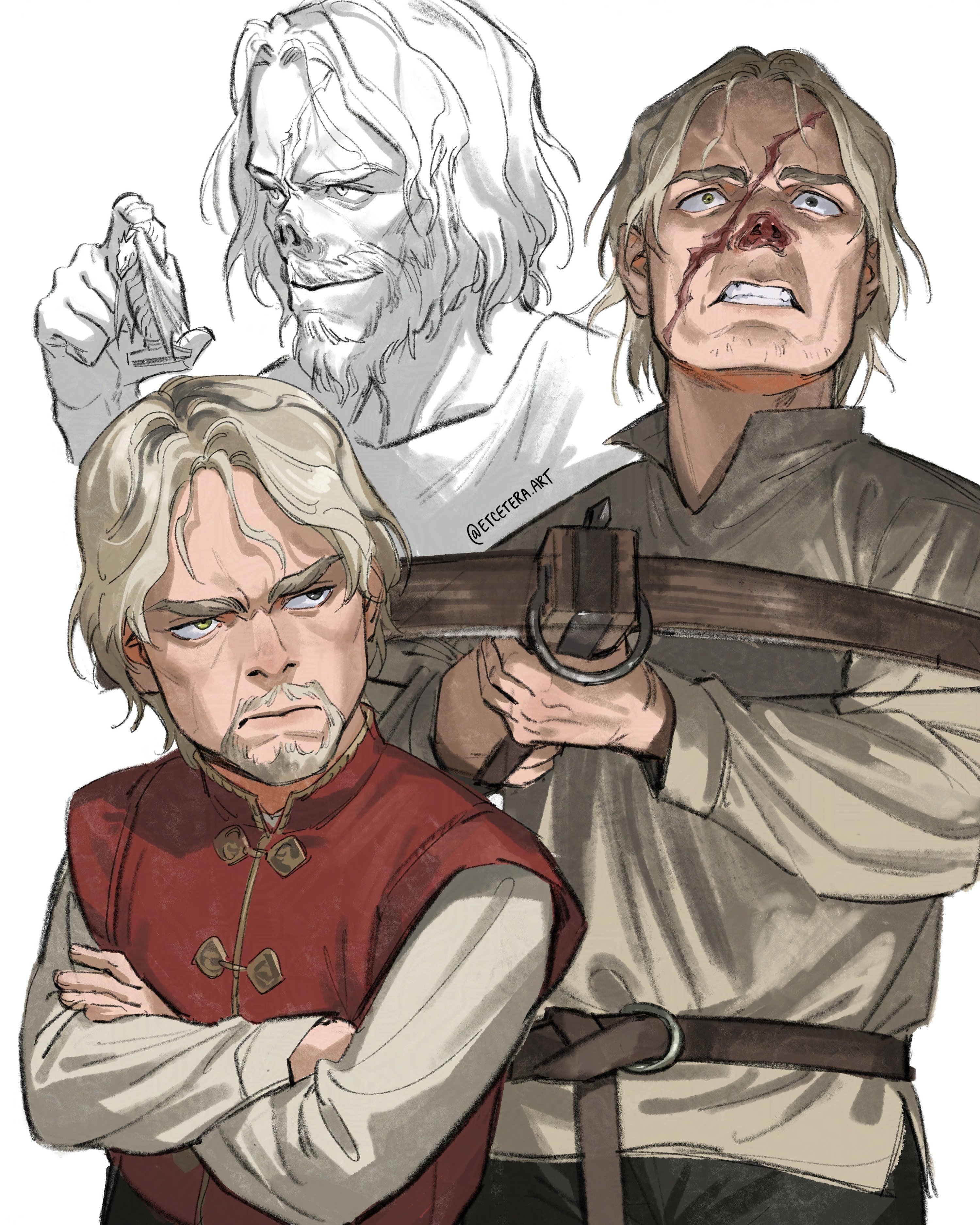 etceteraart, tyrion lannister, a song of ice and fire, absurdres, commentary, english commentary, highres, 1boy, blonde hair, bow (weapon), clenched teeth, constricted pupils, crossbow, crossed arms, facial hair, goatee, holding, holding crossbow, holding weapon, injury, long sleeves, male focus, mature male, multiple views, no nose, scar, scar on face, short hair, simple background, smile, stubble, teeth, weapon, white background