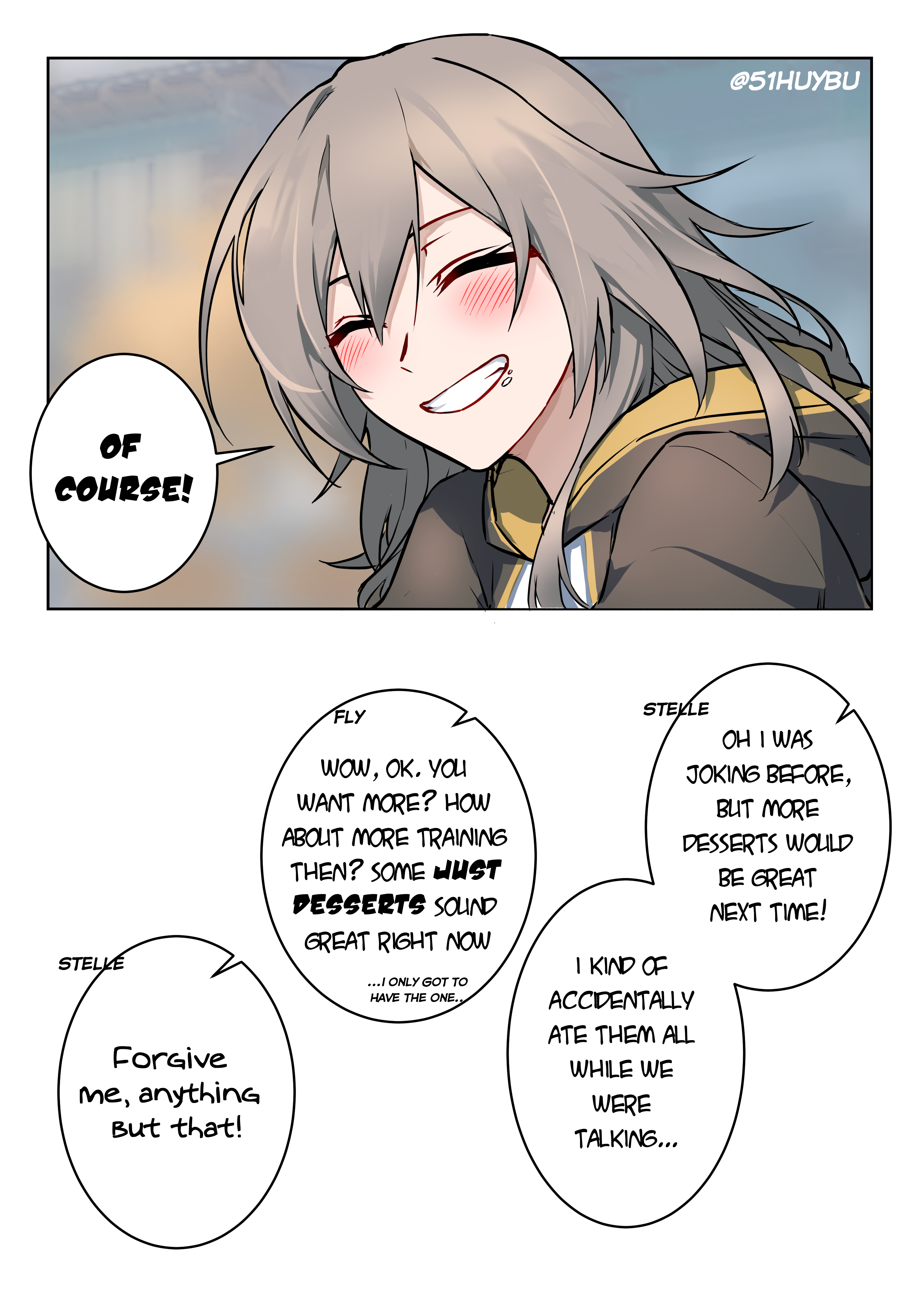 huybu51, firefly (honkai: star rail), stelle (honkai: star rail), trailblazer (honkai: star rail), honkai: star rail, honkai (series), absurdres, commentary, english commentary, highres, 2girls, blush, closed eyes, closed mouth, english text, grey hair, jacket, multicolored jacket, multiple girls, shirt, smile, tied jacket, white shirt, yuri