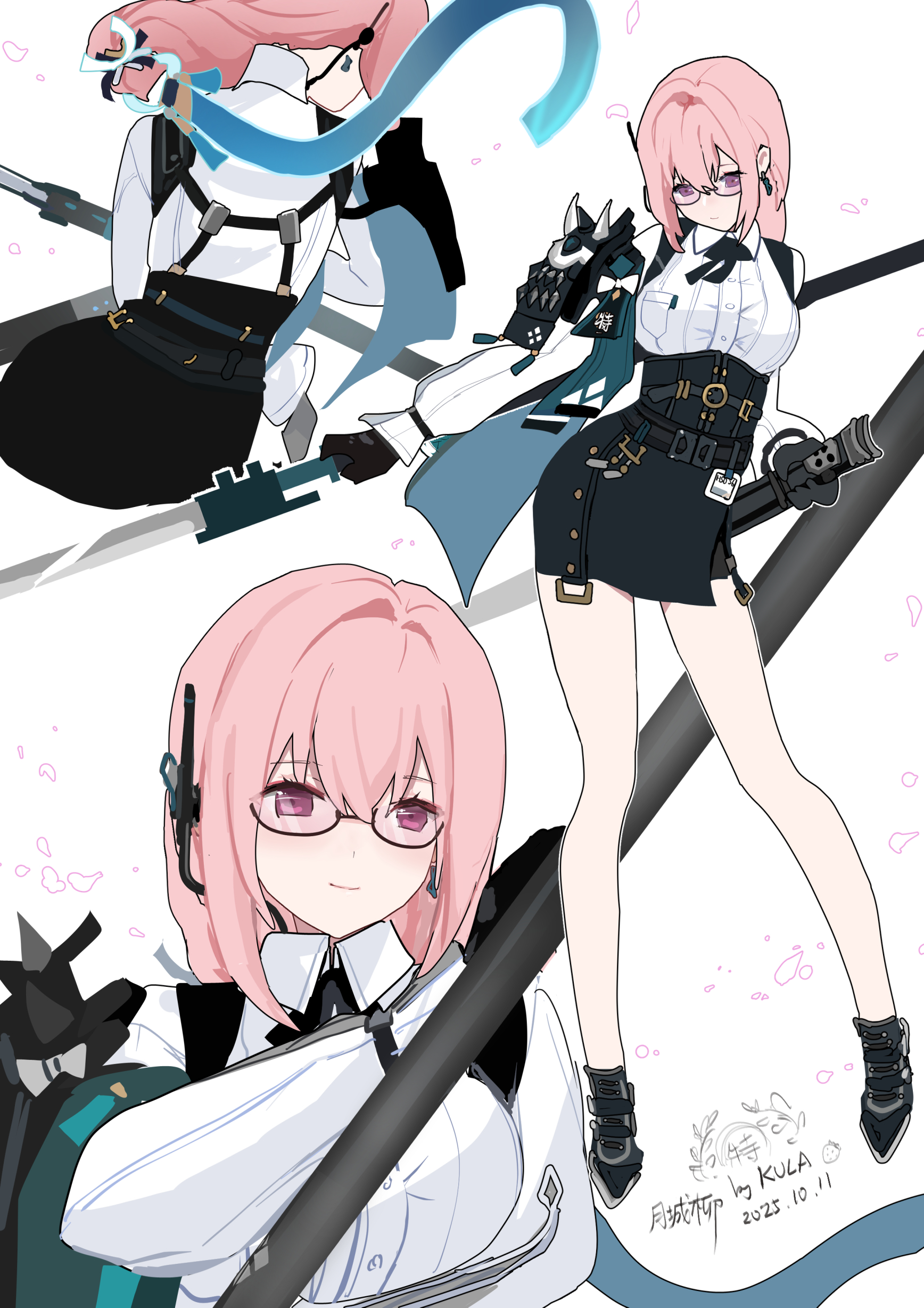 kkkula (kula), tsukishiro yanagi, zenless zone zero, absurdres, chinese commentary, commentary request, highres, artist name, black bow, black bowtie, black gloves, bow, bowtie, breasts, closed mouth, collared shirt, dated, dress shirt, expressionless, from behind, full body, glasses, gloves, hair between eyes, high-waist skirt, id card, large breasts, long hair, looking at viewer, multiple views, pencil skirt, pink eyes, pink hair, shirt, sidelocks, skirt, smile, standing, upper body, white background, white shirt