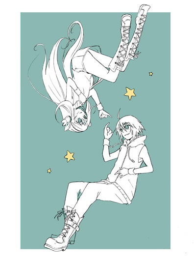 emil castagnier, marta lualdi, tales of (series), tales of symphonia, tales of symphonia: dawn of the new world, 00s, 1boy, 1girl, ahoge, boots, knee boots, pinky swear, rotational symmetry, upside-down
