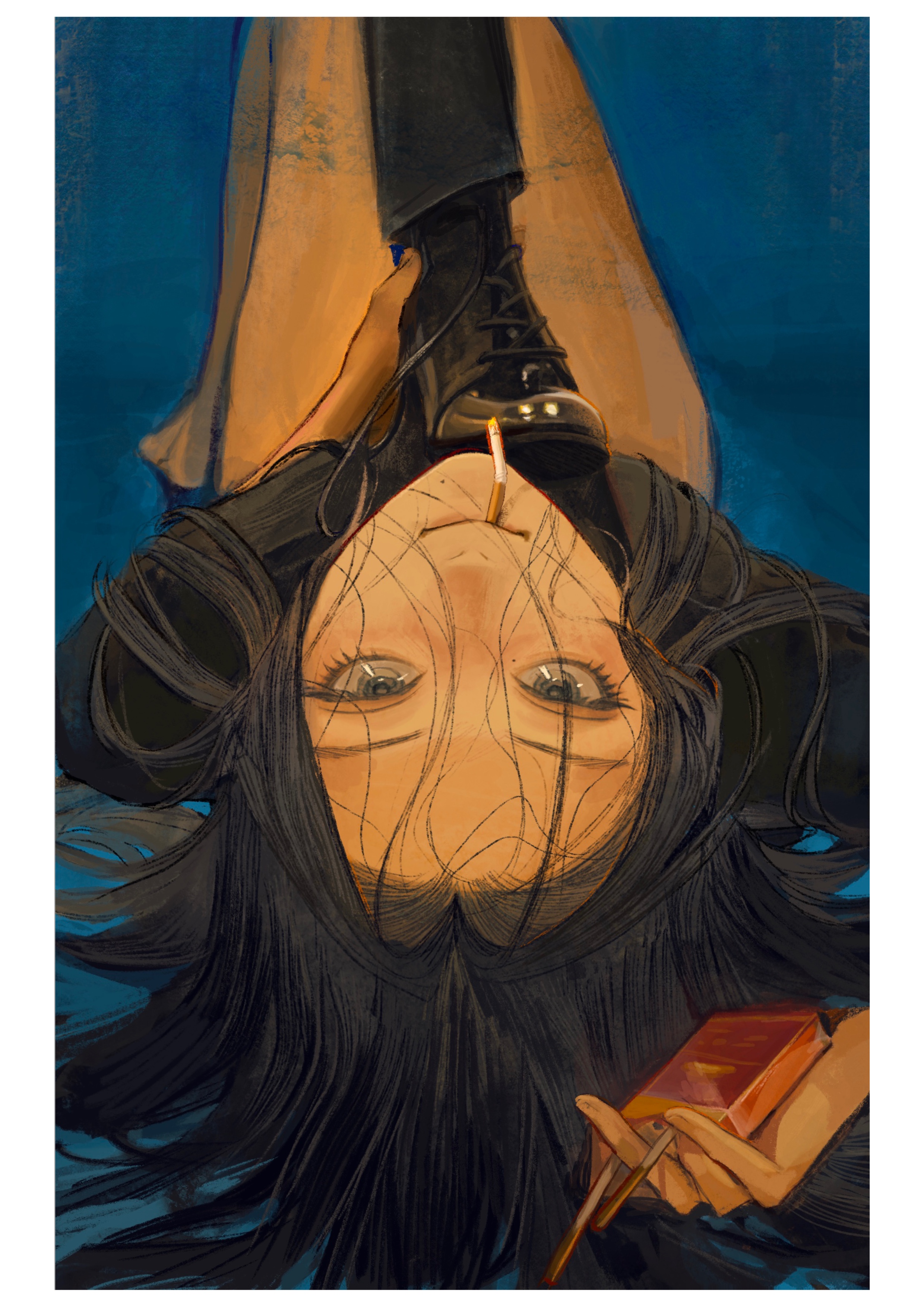 seapall, original, absurdres, chinese commentary, commentary request, highres, 1girl, 1other, bare legs, barefoot, black eyes, black hair, black shoes, border, cigarette, cigarette pack, closed mouth, foot on another's stomach, hair spread out, holding, holding cigarette pack, long hair, looking at viewer, lying, mole, mole under eye, mole under mouth, mouth hold, no pants, on back, out of frame, shoelaces, shoes, smoking, solo focus, upside-down, white border