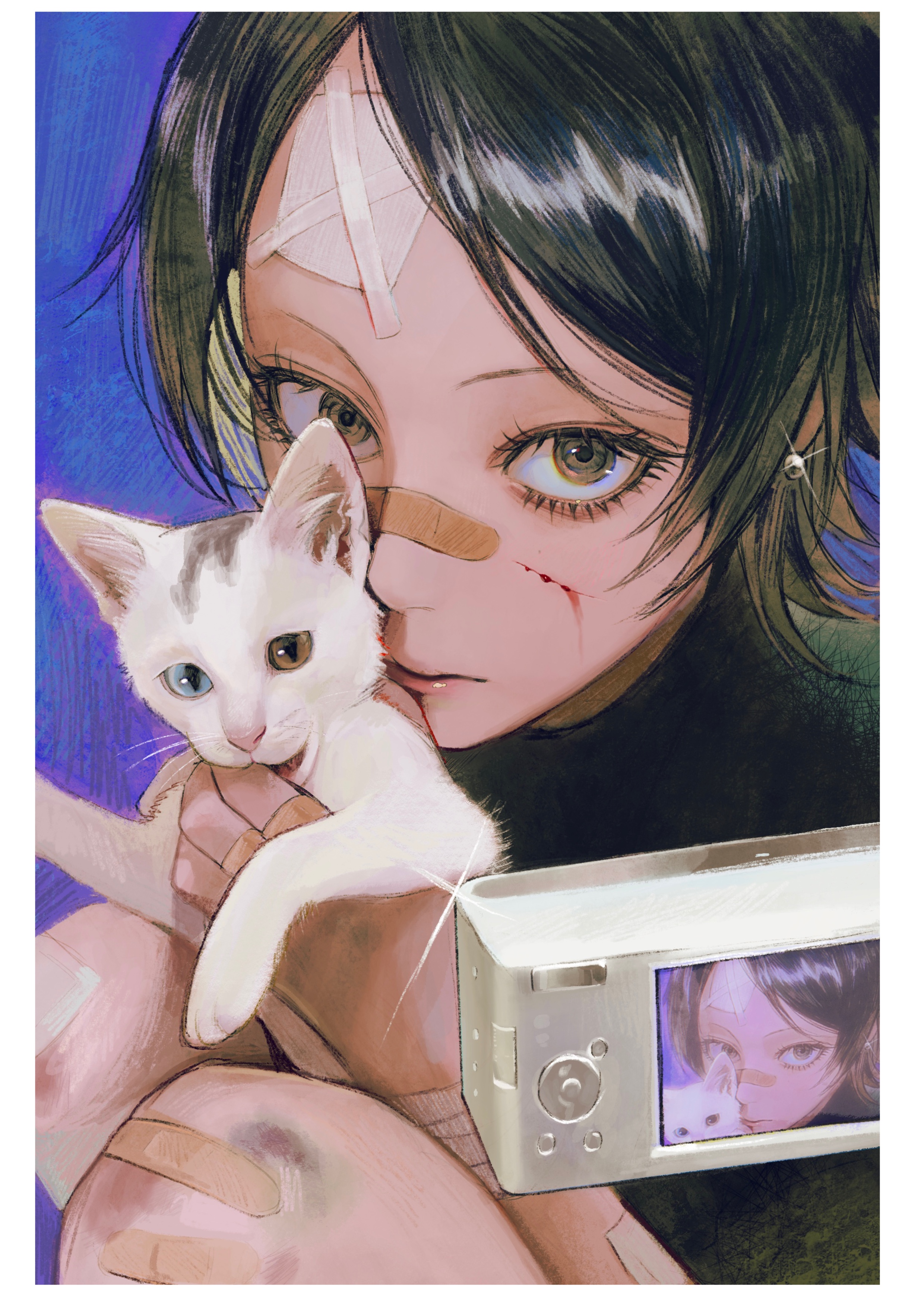 seapall, original, absurdres, chinese commentary, commentary request, highres, 1girl, animal, bandaid, bandaid on face, bandaid on hand, bandaid on head, bandaid on knee, bandaid on leg, black eyes, black hair, bleeding, blood, blood on face, blue background, border, bruise, camera, cat, closed mouth, earrings, expressionless, eyelashes, gauze, gauze on forehead, holding, holding animal, holding cat, injury, jewelry, light particles, looking at viewer, portrait, scratches, simple background, solo, white border, white cat