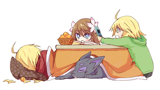 emil castagnier, marta lualdi, tenebrae (tales), tales of (series), tales of symphonia, tales of symphonia: dawn of the new world, 00s, 1girl, 2boys, ahoge, blonde hair, blue eyes, brown hair, closed eyes, dog, dual persona, flower, food, fruit, hair flower, hair ornament, handheld game console, kotatsu, mandarin orange, multiple boys, nintendo ds, simple background, sitting, sleeping, table, under table, white background