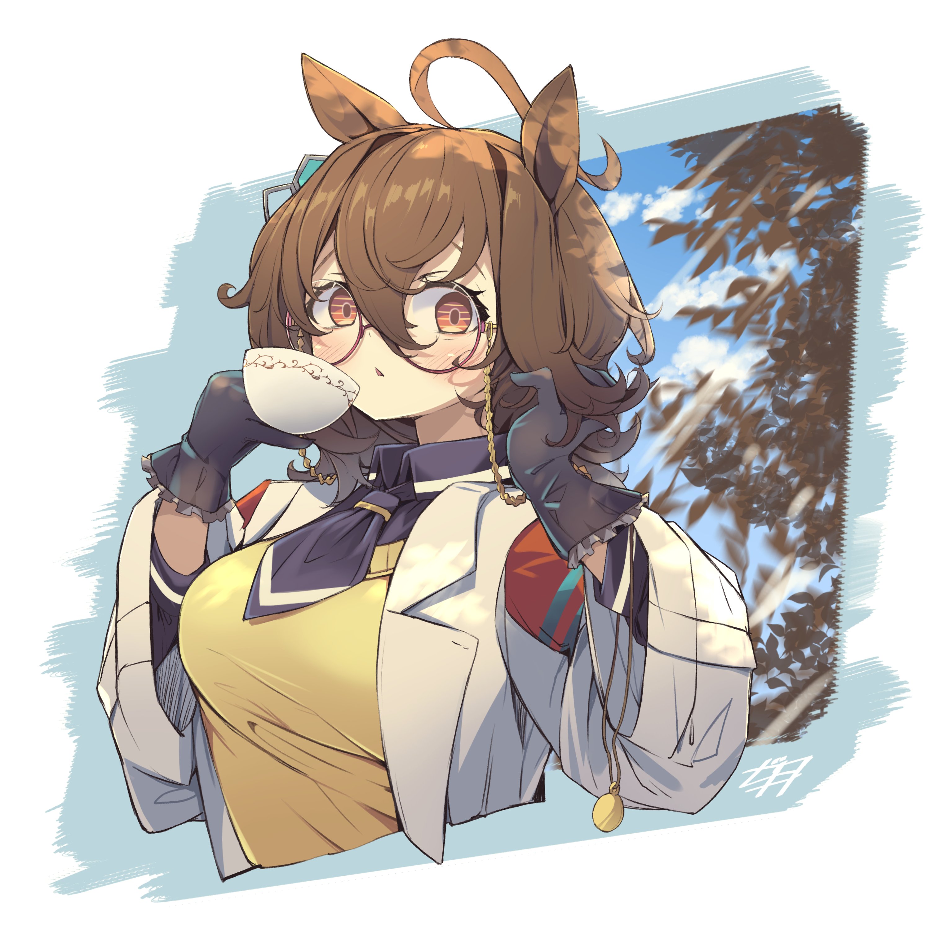 woruta (soloistlist), agnes tachyon (tach-nology) (umamusume), agnes tachyon (umamusume), umamusume, absurdres, highres, 1girl, ahoge, animal ears, black gloves, blue sky, blush, breasts, brown hair, coat, cup, earrings, eyewear strap, glasses, gloves, hair between eyes, horse ears, horse girl, huge ahoge, jewelry, lab coat, large breasts, long sleeves, looking at viewer, medium hair, necktie, parted lips, red eyes, shirt, short necktie, single earring, sky, solo, sweater, sweater vest, tree, upper body, white coat, yellow sweater, yellow sweater vest