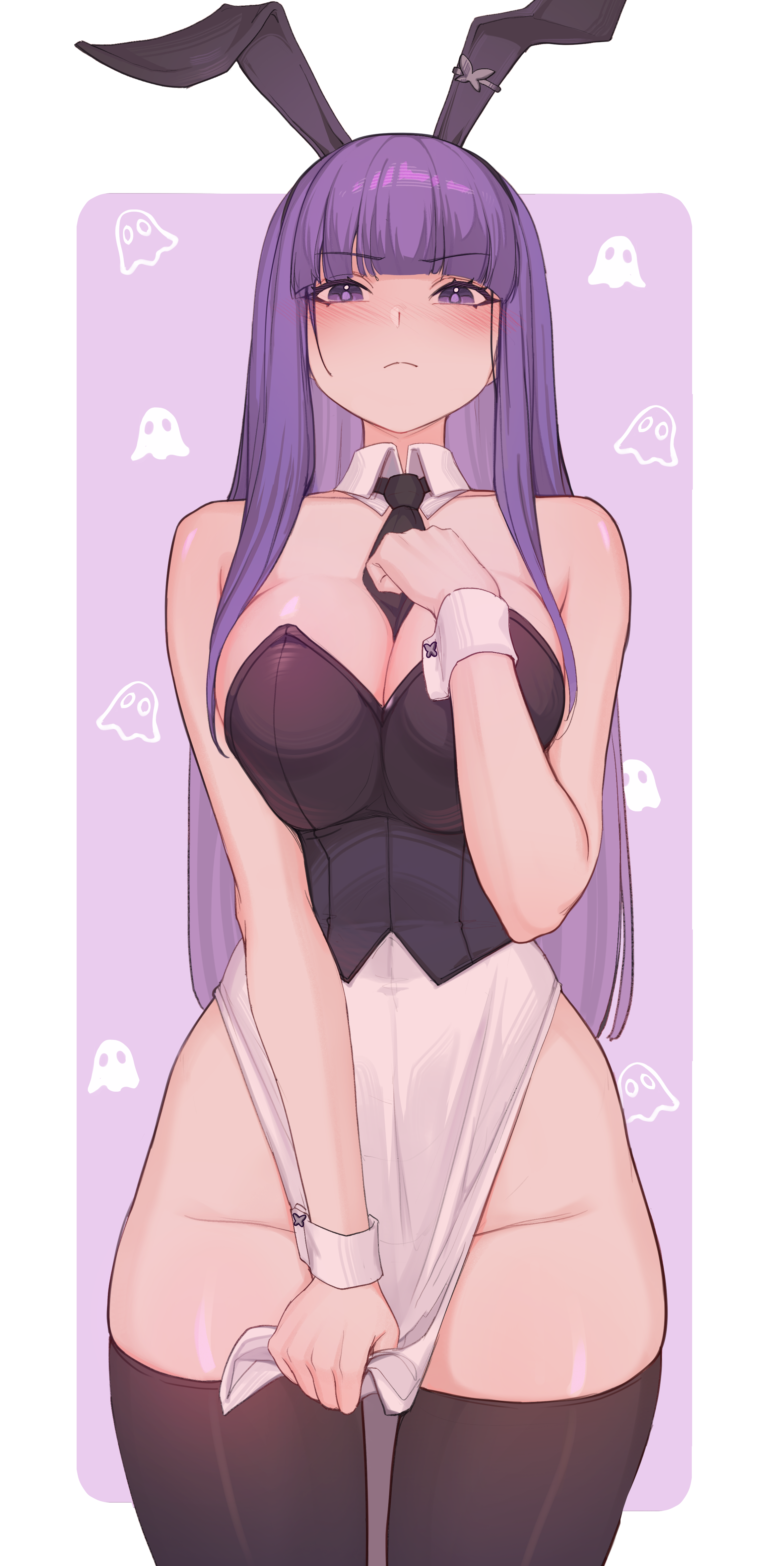 shellvi, fern (sousou no frieren), sousou no frieren, absurdres, highres, 1girl, animal ear hairband, animal ears, bare shoulders, between breasts, black necktie, black thighhighs, breasts, cleavage, closed mouth, cowboy shot, curvy, fake animal ears, frown, groin, hairband, hand up, large breasts, leotard, leotard pull, long hair, necktie, necktie between breasts, pelvic curtain, playboy bunny, purple eyes, purple hair, rabbit ear hairband, rabbit ears, solo, straight hair, thighhighs, thighs, v-shaped eyebrows, very long hair, wrist cuffs