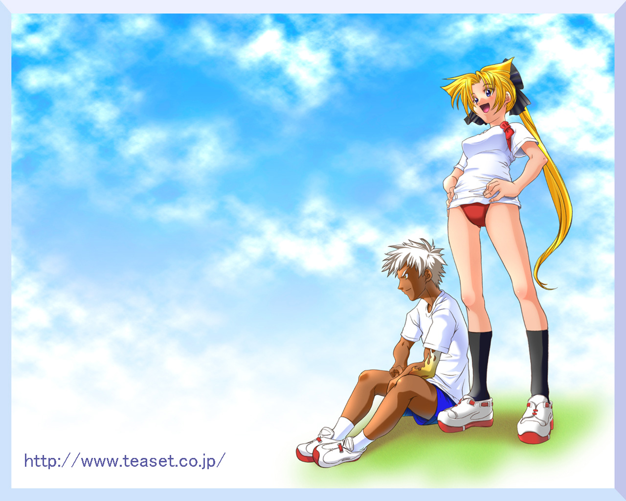 yamashita kouji, samurai evolution oukoku geist, bad id, official art, official wallpaper, 1boy, 1girl, arm tattoo, black bow, black socks, blonde hair, blue eyes, blue shorts, blue sky, bow, brother and sister, buruma, closed mouth, cloud, dark-skinned male, dark skin, grass, gym uniform, hair bow, hands on own hips, kneehighs, long hair, matsudaira muramasa, matsudaira yuuki, on grass, open mouth, ponytail, red bow, red buruma, shirt, shoes, short hair, shorts, siblings, sitting, sky, smile, sneakers, socks, standing, tattoo, twins, very long hair, watermark, web address, white hair, white shirt, white shoes, white socks, yellow eyes