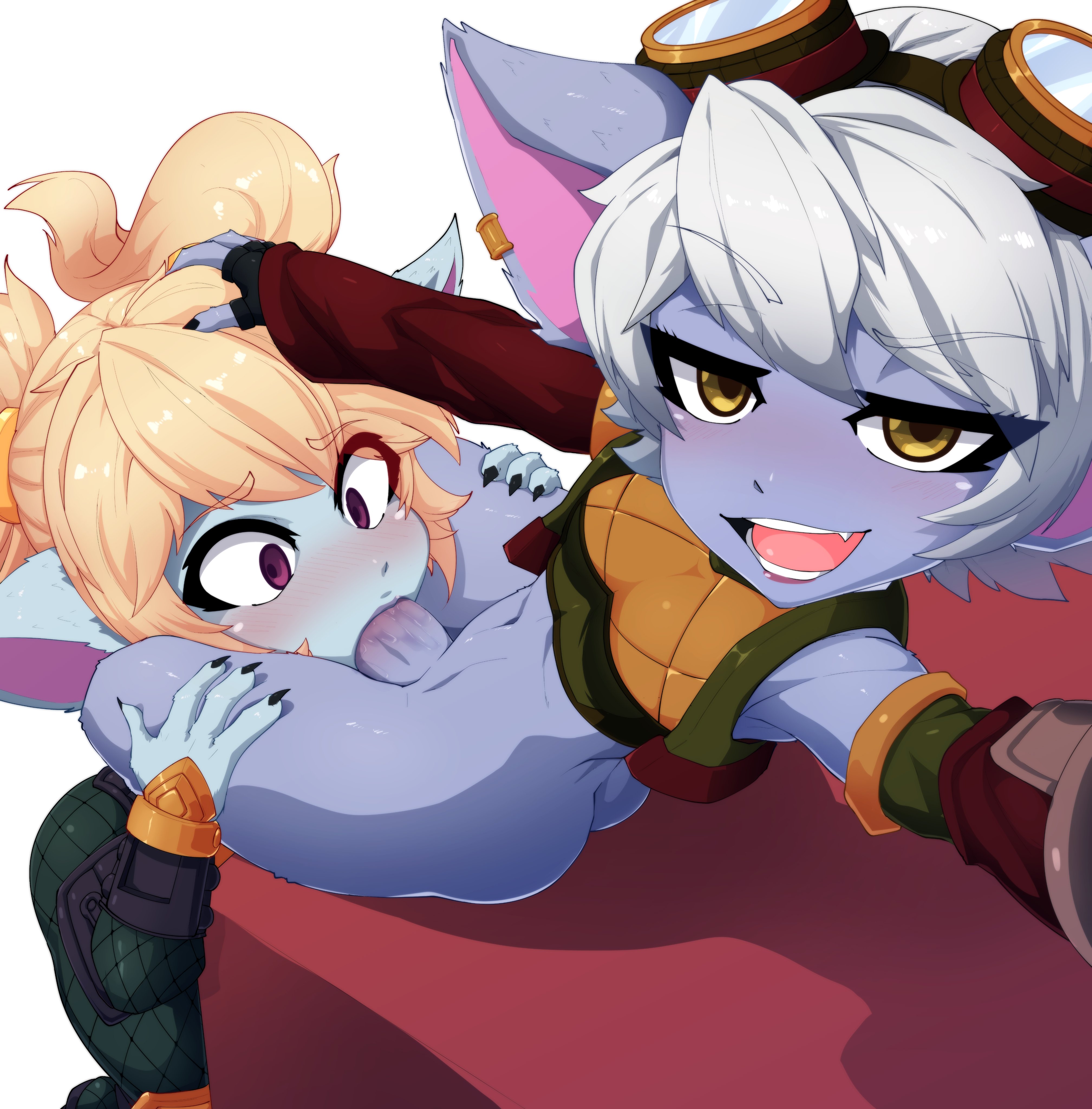 karmanseph, poppy (league of legends), tristana (league of legends), league of legends, absurdres, commentary, english commentary, highres, 2girls, black nails, blonde hair, blue skin, bottomless, colored skin, crop top, detached sleeves, fellatio, fingerless gloves, futa with female, futanari, gloves, hand on another's head, irrumatio, looking at viewer, multiple girls, open mouth, oral, pointy ears, purple eyes, selfie, shadow, short hair, sitting, smile, smug, twintails, white hair, yellow eyes