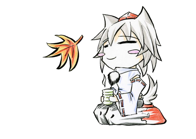 ryouko (pixiv342653), inubashiri momiji, touhou, traditional media, 1girl, animal ears, chibi, cup, female focus, full body, hat, leaf, seiza, short hair, simple background, sitting, solo, tail, tokin hat, white background, white hair, wolf ears, wolf tail