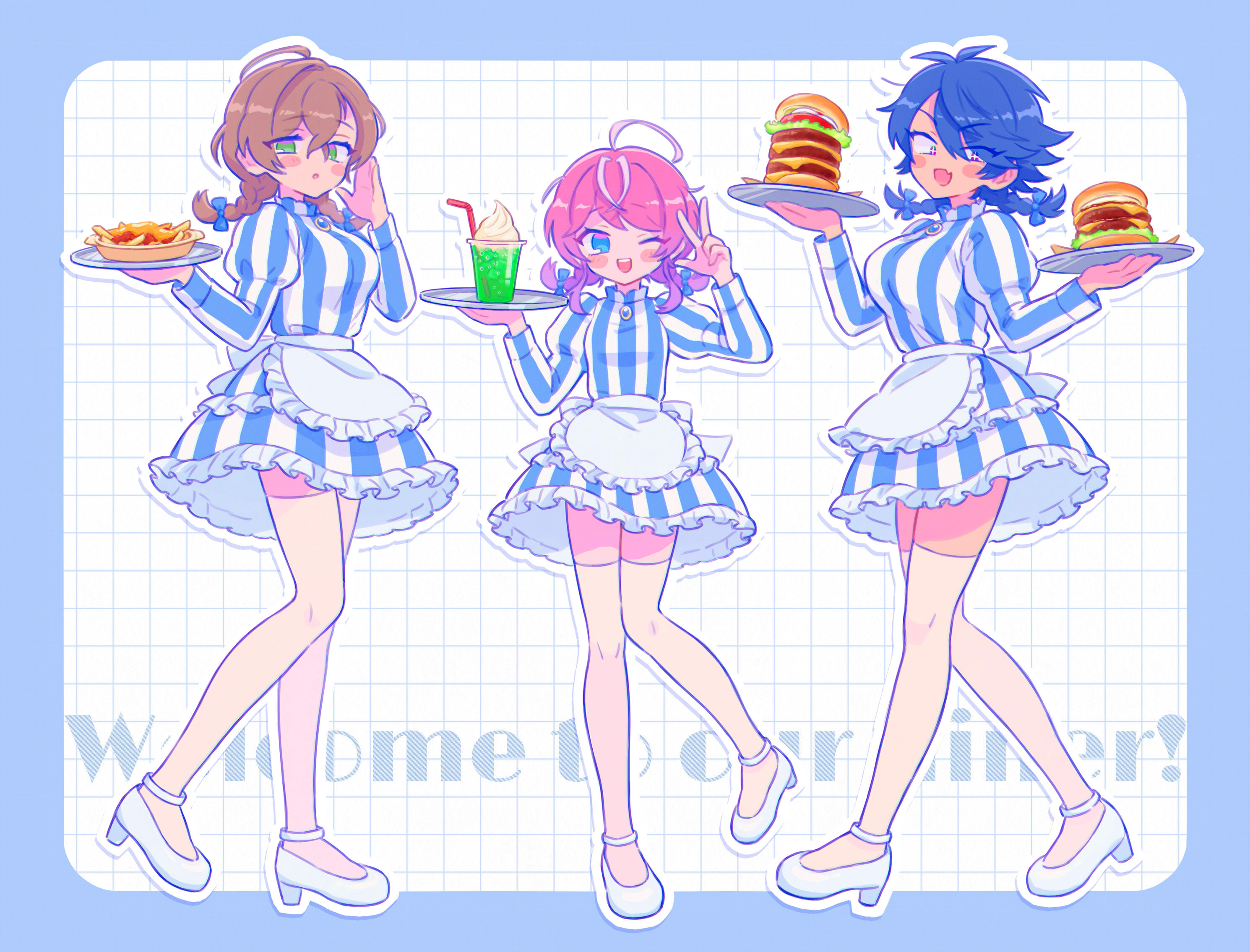 amemura ramuda, arisugawa dice, yumeno gentaro, hypnosis mic, commentary request, highres, 00o-o, 3girls, ;d, ahoge, apron, blue dress, blue eyes, blue hair, blush, braid, breasts, brown hair, dress, drink, fling posse, frilled apron, frills, full body, genderswap, genderswap (mtf), green eyes, high heels, holding, holding tray, long hair, long sleeves, looking at viewer, matching outfits, medium hair, multiple girls, one eye closed, open mouth, pink hair, puffy sleeves, short hair, smile, standing, striped clothes, striped dress, tray, twin braids, vertical-striped clothes, vertical-striped dress, waist apron, waitress, white apron