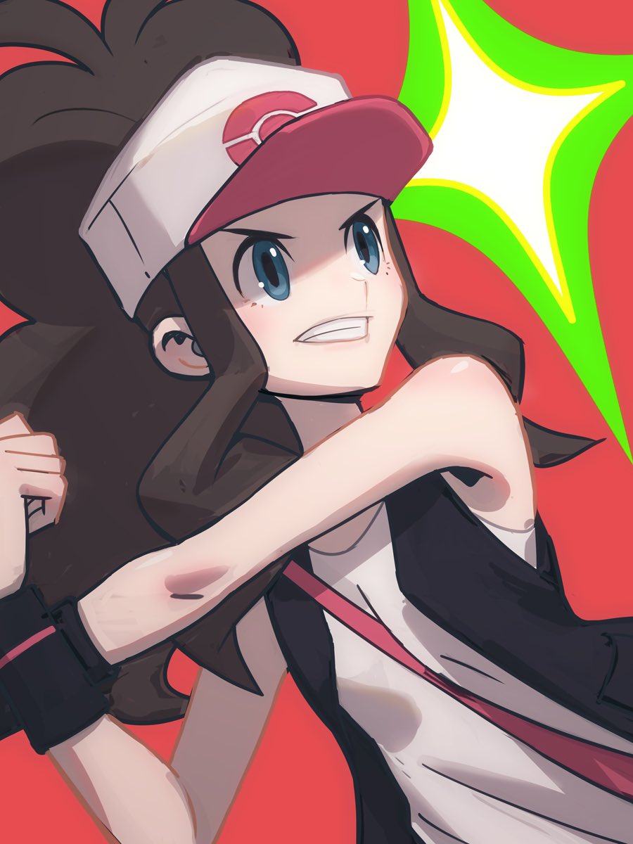 hilda (pokemon), nintendo, pokemon, pokemon bw, highres, 1girl, bag, baseball cap, black vest, blue eyes, breasts, brown hair, cross-body stretch, hat, high ponytail, long hair, open clothes, open mouth, open vest, poke ball print, ponytail, shirt, shoulder bag, sidelocks, smile, solo, star (symbol), teeth, topple33, upper body, vest, white shirt, wristband