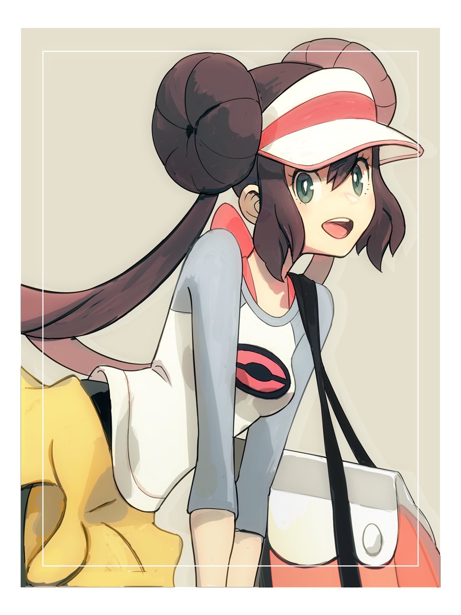 rosa (pokemon), nintendo, pokemon, pokemon bw2, highres, 1girl, bag, black pantyhose, breasts, brown hair, donut hair bun, double bun, green eyes, hair bun, hat, long hair, looking at viewer, open mouth, pantyhose, poke ball print, raglan sleeves, shirt, shorts, shoulder bag, simple background, smile, solo, teeth, topple33, twintails, upper teeth only, visor cap, yellow shorts