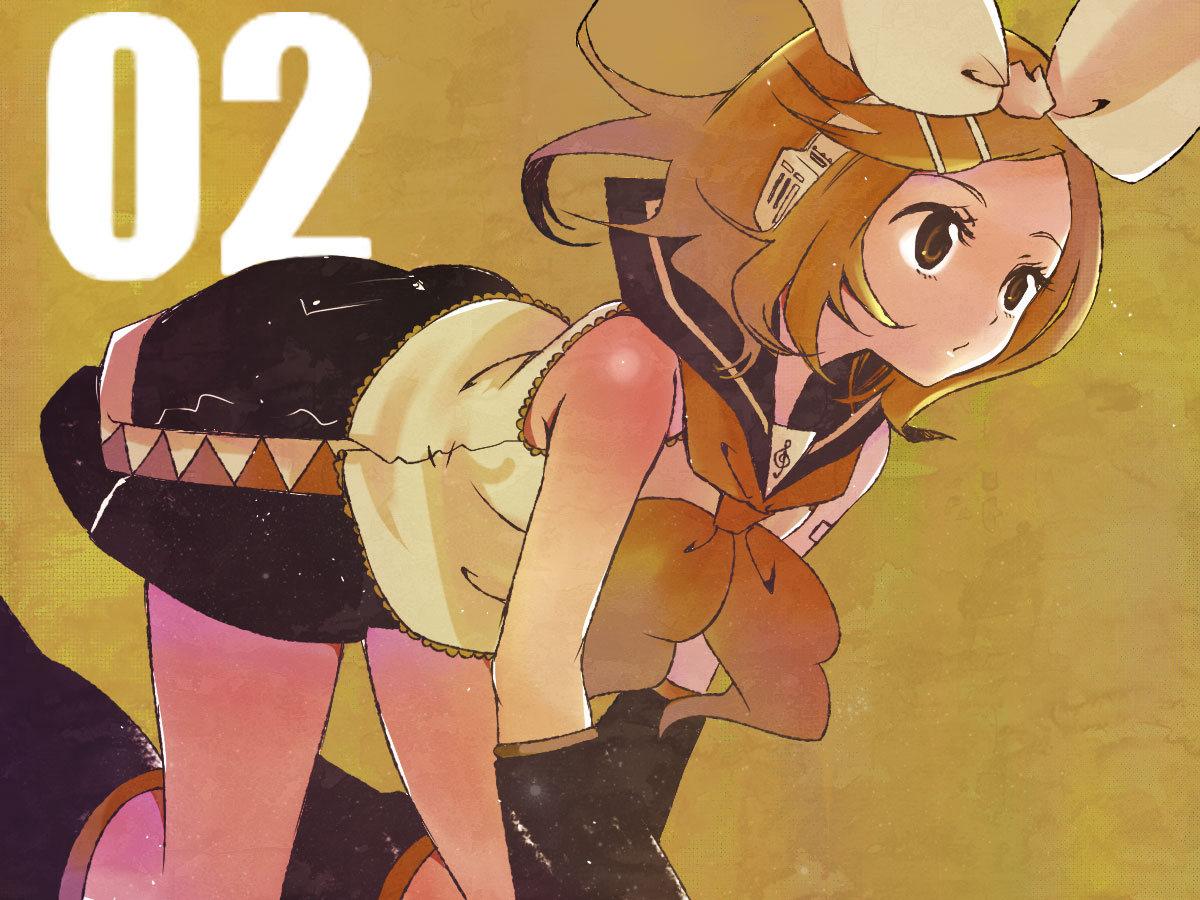 manami (artist), sugano manami, kagamine rin, vocaloid, looking away, 1girl, all fours, arm warmers, belt, black shorts, blonde hair, blouse, bow, brown eyes, crawling, eyelashes, female focus, hair bow, hair ornament, hairclip, headphones, leg warmers, ribbon, sailor collar, shirt, short hair, shorts, sleeveless, solo, swept bangs, treble clef, white bow, white shirt, yellow background, yellow ribbon