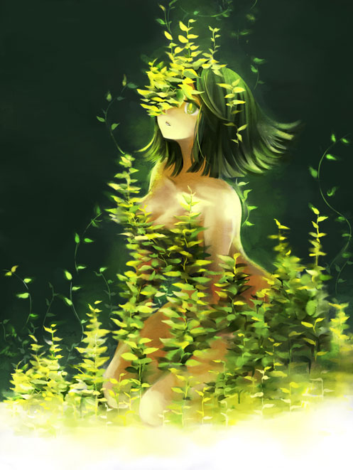 manami (artist), sugano manami, original, 1girl, censored, convenient censoring, female focus, green eyes, green hair, matching hair/eyes, nude, plant, solo, surreal