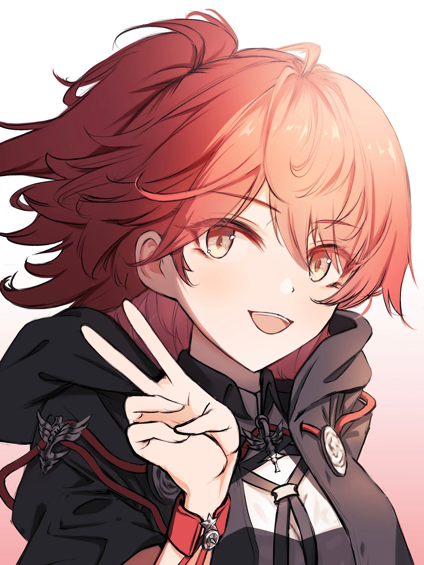 rinereeto, exusiai (arknights), exusiai the new covenant (arknights), arknights, highres, 1girl, black jacket, collared shirt, halo, jacket, looking at viewer, medium hair, open mouth, red hair, shirt, simple background, smile, solo, teeth, upper body, upper teeth only, v, white background, white shirt, yellow eyes