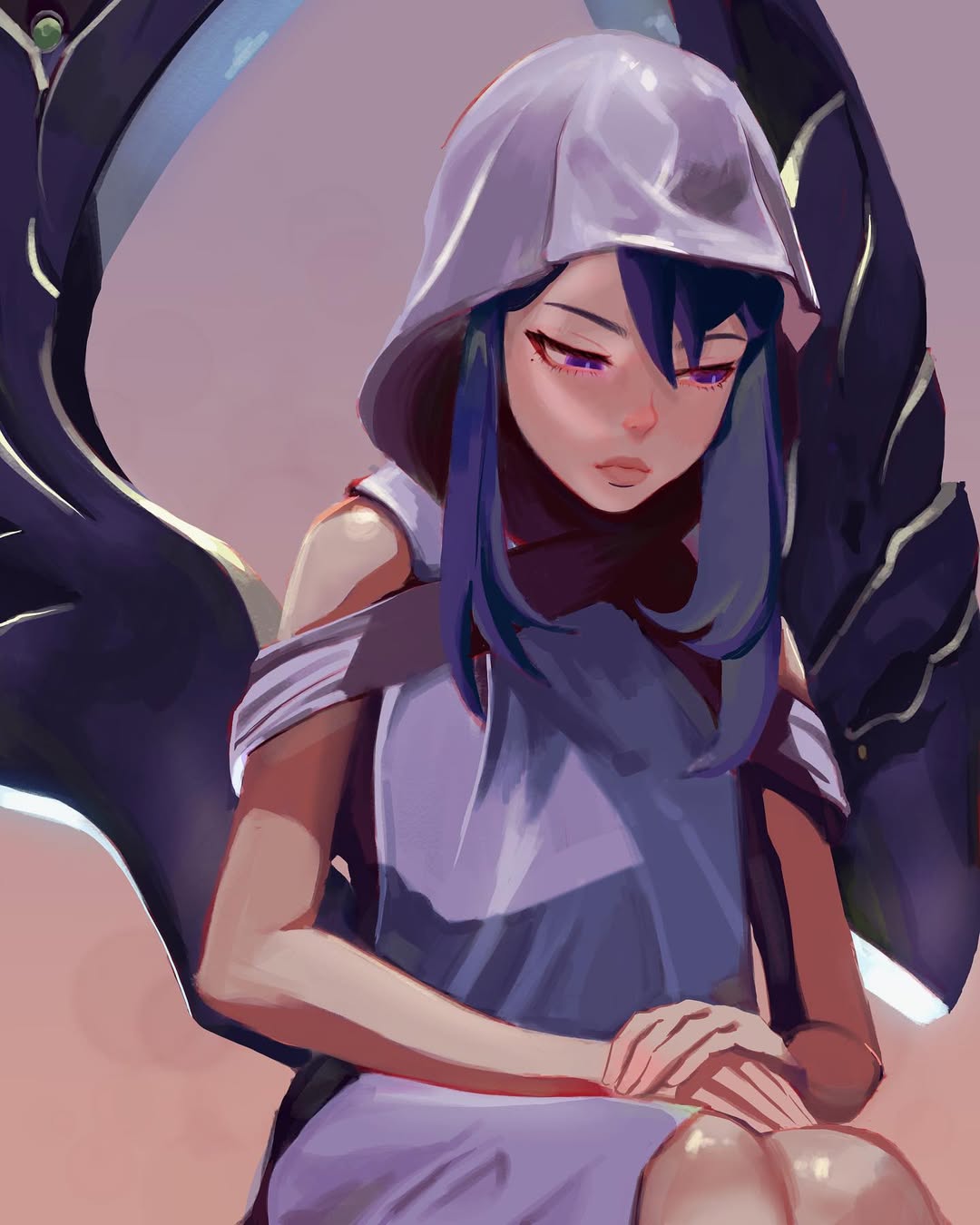 chiibzz, raiden shogun, genshin impact, duplicate, highres, spoilers, unfinished, 1girl, alternate costume, alternate universe, bare arms, bare shoulders, blue pupils, blurry, blurry background, closed mouth, cosplay, depth of field, dress, eyeliner, gradient background, grey dress, hair between eyes, hood, hood up, long hair, looking down, looking to the side, makeup, mole, mole under eye, own hands together, pink background, pink lips, purple eyes, purple hair, red eyeliner, sitting, solo, statue of the seven, statue of the seven (cosplay), thick lips, vision (genshin impact), wings