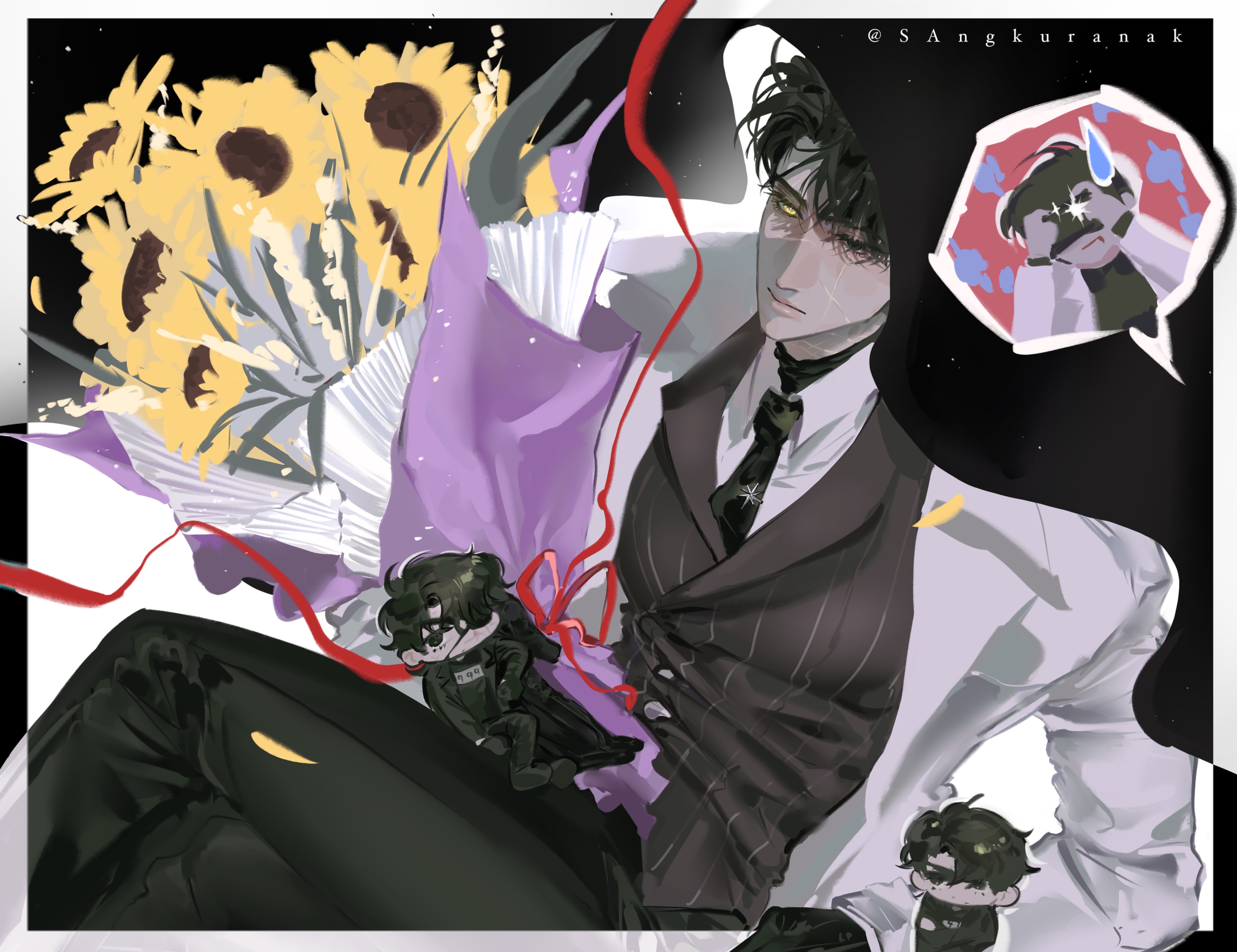 lp (sangkuranak), kim dokja, secretive plotter, omniscient reader's viewpoint, absurdres, highres, 2boys, black gloves, black hair, black necktie, black vest, border, bouquet, camera, character doll, cloak, collared shirt, crossed legs, doll, flower, gloves, hand on own hip, holding, holding bouquet, holding camera, hood, hood up, hooded cloak, looking at viewer, mini person, miniboy, multiple boys, multiple persona, necktie, one eye closed, ribbon, shirt, short hair, speech bubble, starry sky print, sunflower, sweatdrop, taking picture, vest, white border, white shirt, yellow eyes