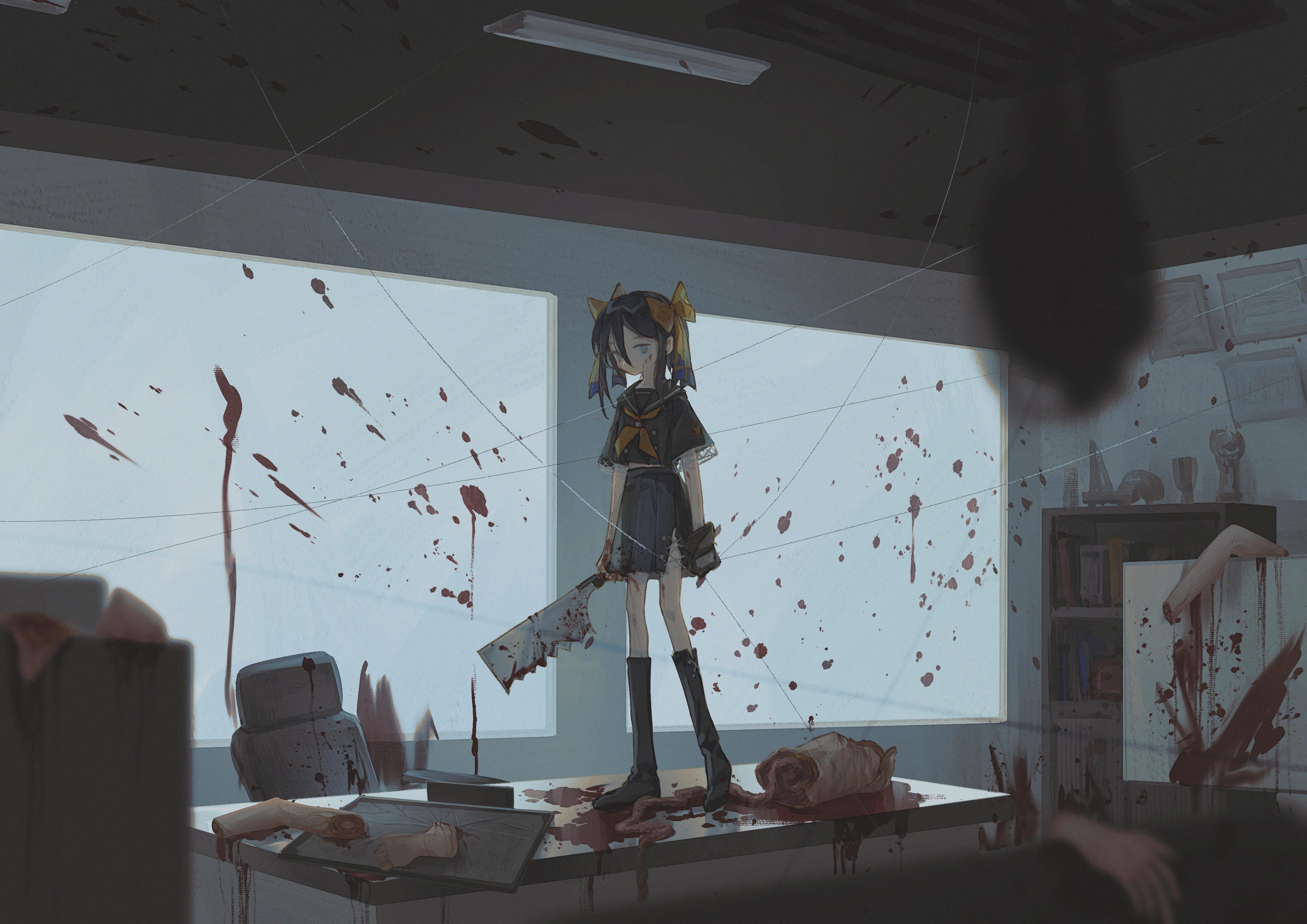 fox (770205490), yukariki ichihime, zaregoto series, absurdres, commentary request, highres, 1girl, black boots, black gloves, black hair, black sailor collar, black serafuku, black shirt, black skirt, blood, blood on clothes, blood on hands, blood on wall, blood splatter, bloody weapon, blurry, blurry foreground, bookshelf, boots, bow, chair, cleaver, gloves, grey eyes, hair bow, half-closed eyes, holding, holding cleaver, indoors, knee boots, looking at viewer, massacre, metal wire, monitor, multiple hair bows, neckerchief, office chair, sailor collar, school uniform, serafuku, severed limb, shirt, short hair, single glove, skirt, solo, standing, standing on desk, swivel chair, weapon, wide shot, window, yellow bow, yellow neckerchief