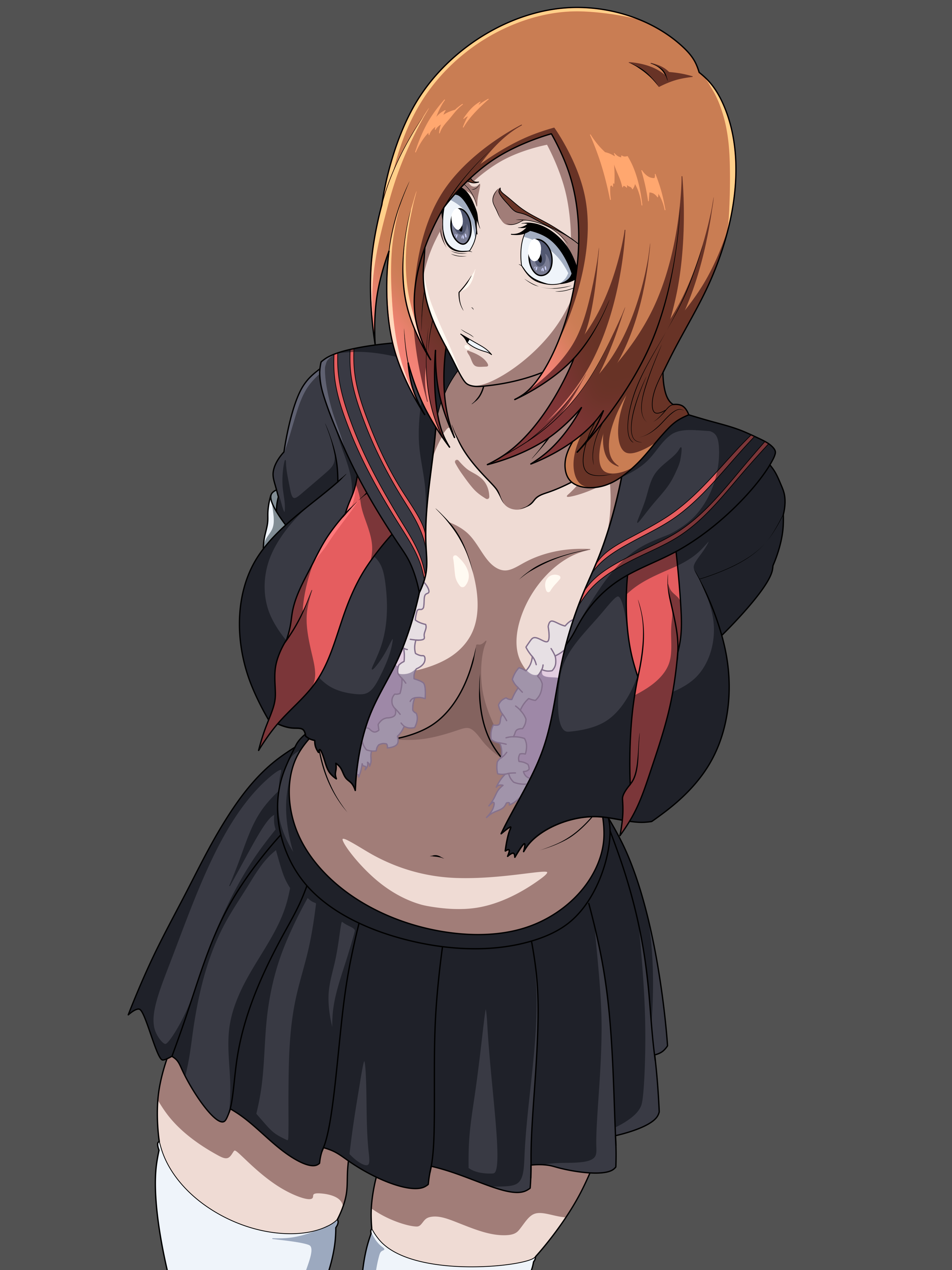 oldhorrorz, inoue orihime, bleach, bleach: sennen kessen-hen, 1girl, alternate eye color, arms behind back, breasts, collarbone, female focus, large breasts, navel, official alternate costume, orange hair, sailor collar, school uniform, shiny skin, skirt