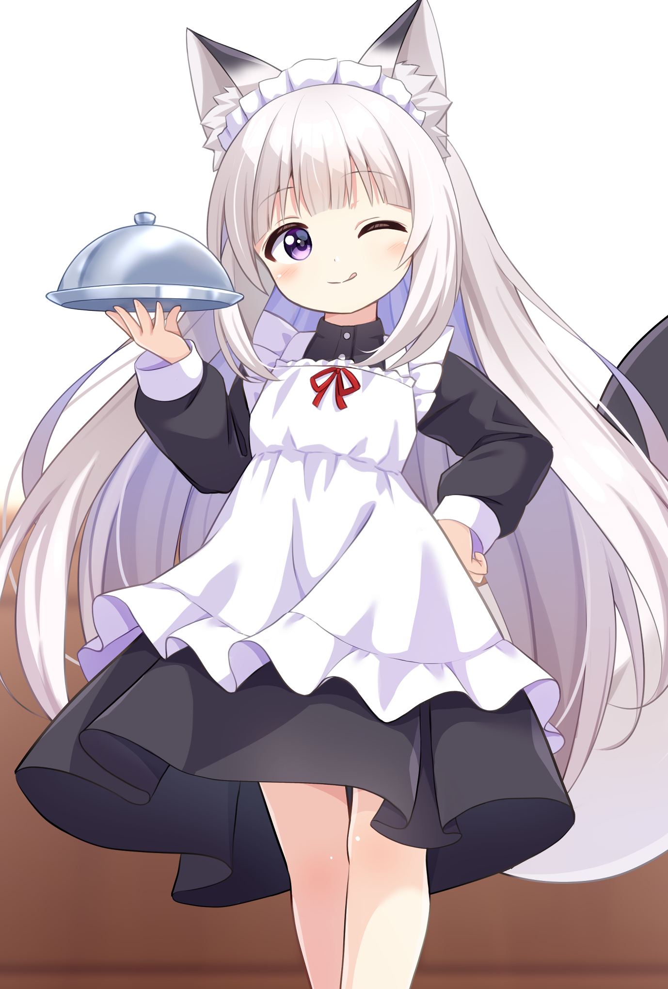 mogura2009, original, highres, 1girl, ;q, animal ear fluff, animal ears, apron, black dress, dress, fox ears, fox girl, fox tail, grey hair, hand on own hip, long hair, long sleeves, looking at viewer, maid, maid apron, maid headdress, momo (mogura2009), one eye closed, purple eyes, serving dome, tail, tongue, tongue out, tray, very long hair, white apron