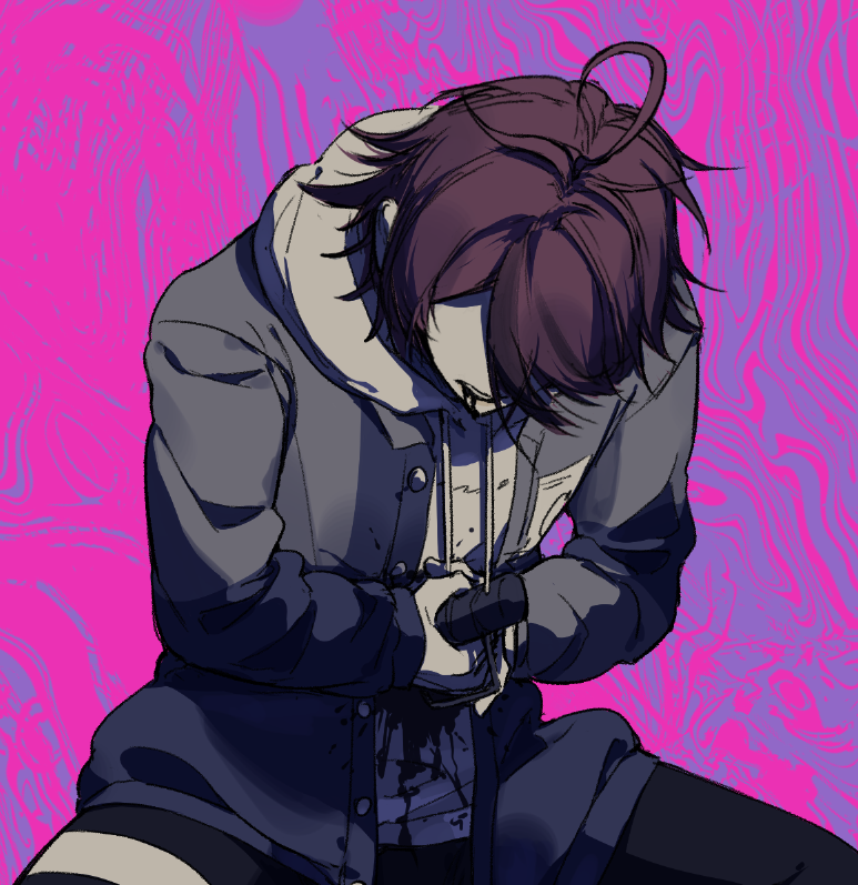 sumino takumi, the hundred line -last defense academy-, commentary, english commentary, 1boy, ahoge, black pants, black streaks, bleeding, blood, blood from mouth, blood on clothes, drawstring, grey jacket, holding, holding knife, hood, hoodie, jacket, jacket over hoodie, knife, male focus, multicolored hair, no eyes, open clothes, open jacket, pants, pink background, purple background, r314dor, red hair, self-harm, short hair, stab, streaked hair, two-tone background, white hoodie