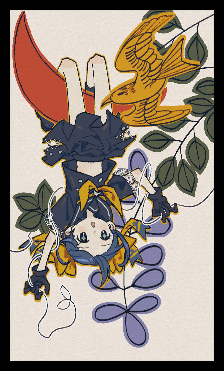 fox (770205490), yukariki ichihime, zaregoto series, commentary request, highres, + +, 1girl, bird, black boots, black gloves, black sailor collar, black serafuku, black shirt, black skirt, blue eyes, blue hair, blush, boots, bow, crescent, full body, gloves, hair bow, hanging, holding, holding string, leaf, looking at viewer, midriff, multiple hair bows, neckerchief, open mouth, sailor collar, school uniform, serafuku, shirt, short hair, short sleeves, simple background, skirt, solo, string, upside-down, yellow bow, yellow neckerchief