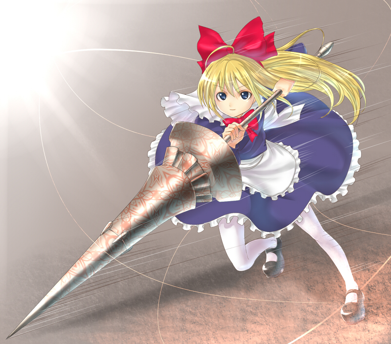 takemori shintarou, shanghai doll, touhou, bad id, bad pixiv id, 1girl, blonde hair, blue eyes, doll, female focus, full body, lance, pantyhose, polearm, ribbon, solo, spear, weapon
