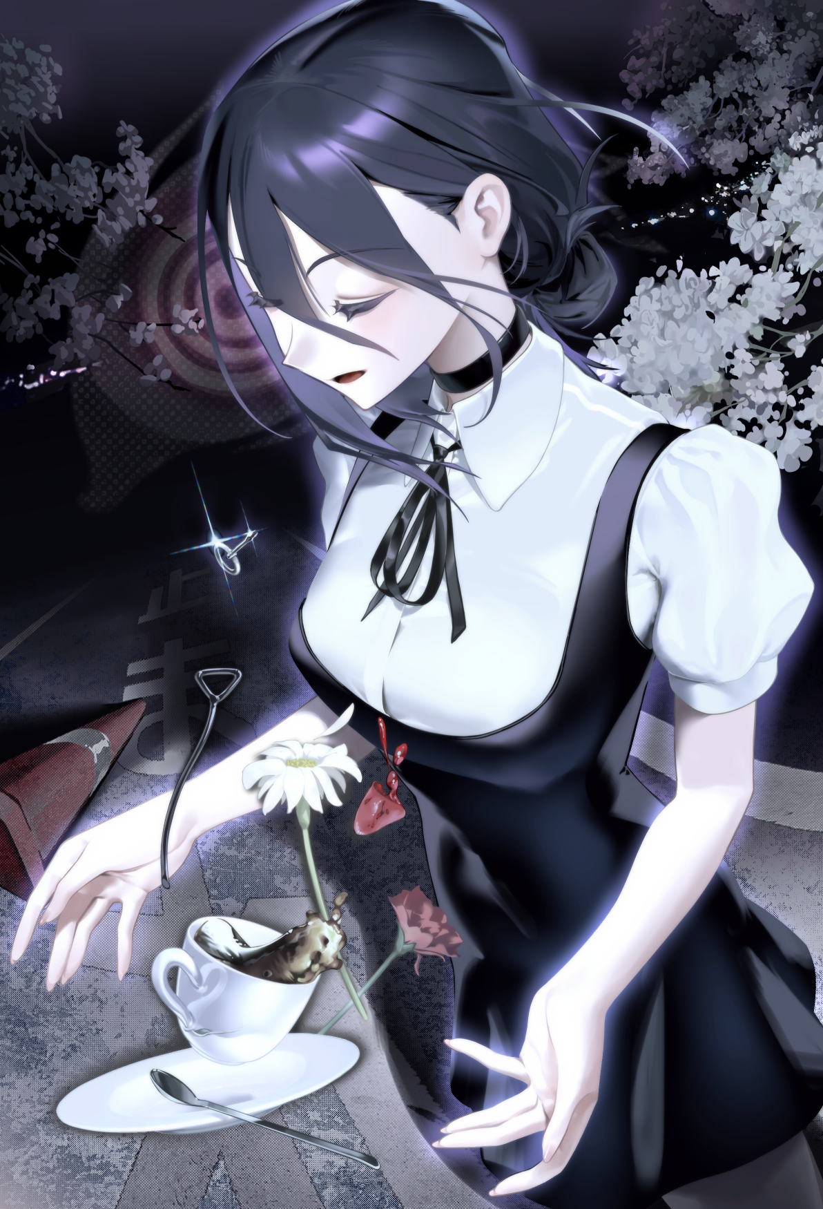 daifunier, reze (chainsaw man), chainsaw man, highres, 1girl, black choker, black dress, black hair, black ribbon, blood, branch, choker, closed eyes, coffee, collared shirt, cup, dress, flower, hair between eyes, hair bun, neck ribbon, open mouth, ribbon, saucer, severed tongue, shirt, solo, spoon, teacup, traffic cone, white flower, white shirt