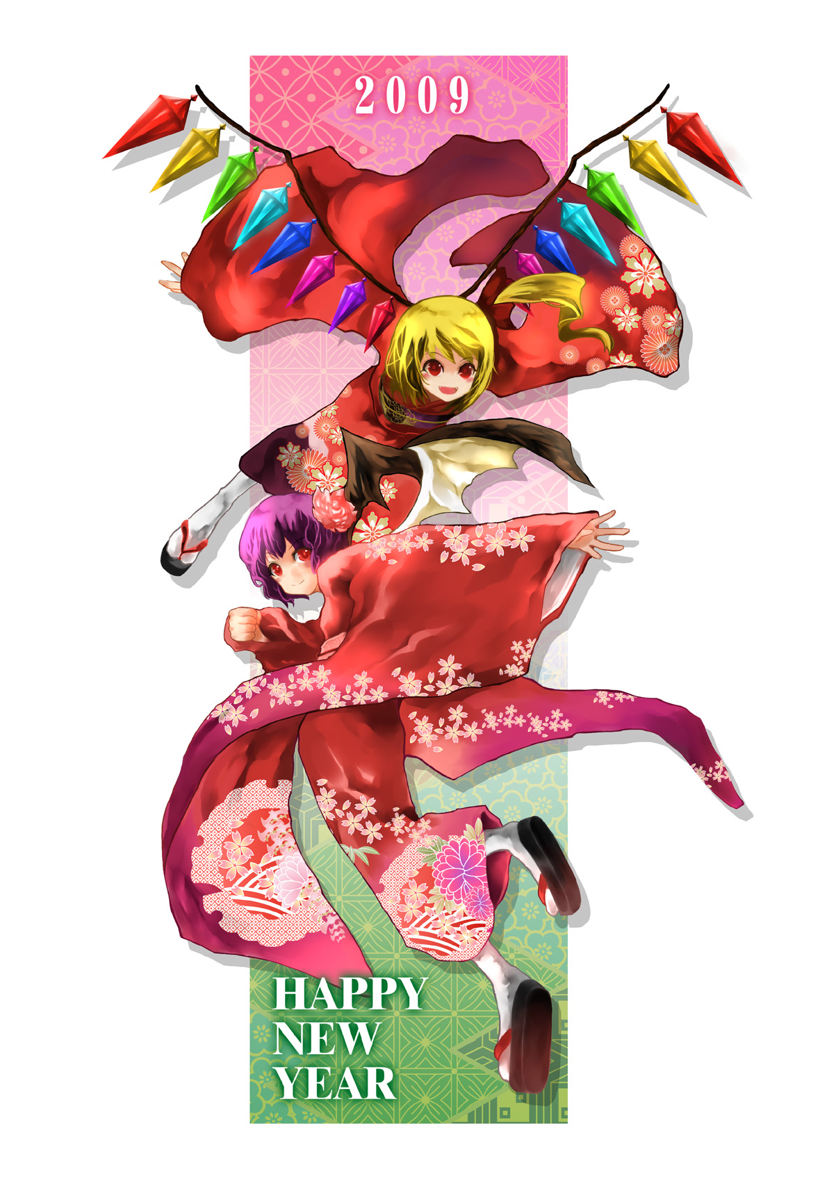 mikihiro, flandre scarlet, remilia scarlet, touhou, bad id, bad pixiv id, highres, 00s, 2009, 2girls, blonde hair, fangs, female focus, multiple girls, new year, purple hair, red eyes, short hair, siblings, sisters, vampire, wings