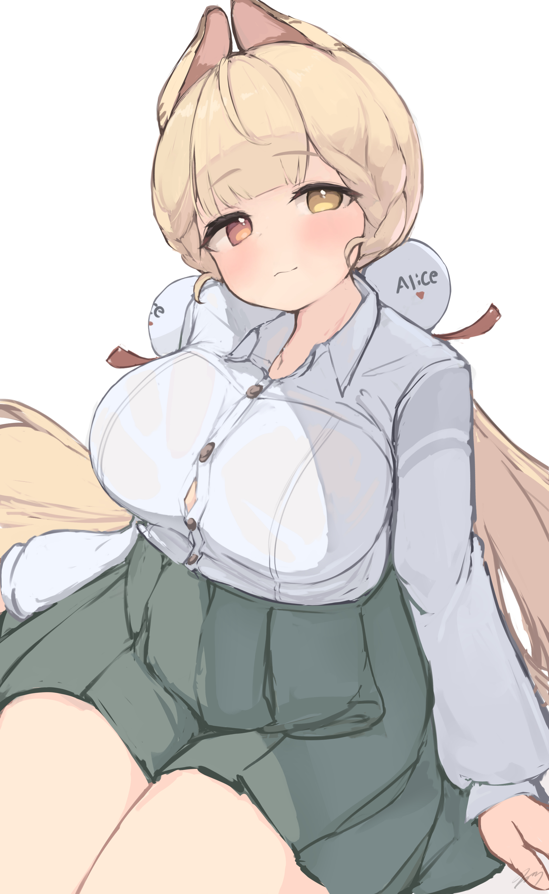 teruriu, alice thymefield, zenless zone zero, absurdres, highres, 1girl, animal ears, blonde hair, blush, breasts, collared shirt, green skirt, heterochromia, large breasts, long hair, low twintails, rabbit ears, rabbit girl, red eyes, shirt, skirt, solo, twintails, very long hair, white shirt, yellow eyes