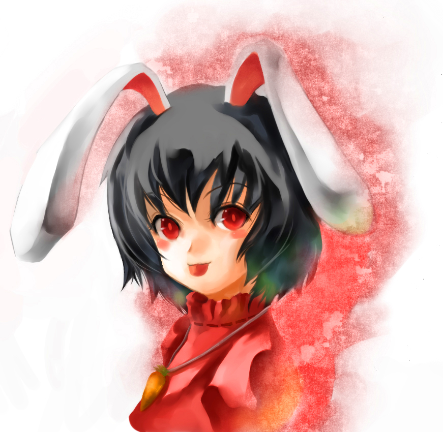mikihiro, inaba tewi, touhou, bad id, bad pixiv id, 1girl, :p, animal ears, black hair, female focus, rabbit ears, red eyes, short hair, solo, tongue, tongue out, white background