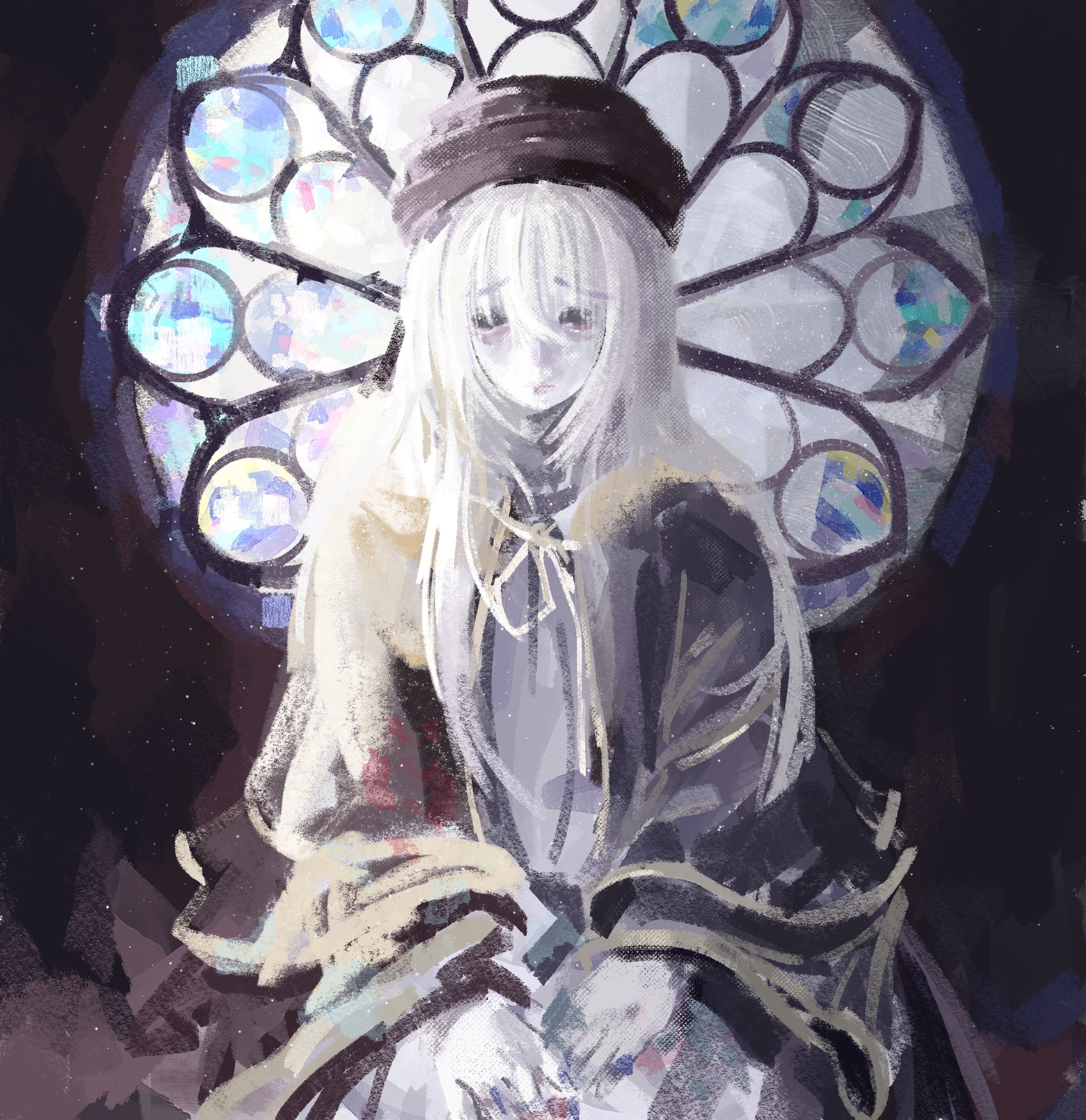 stuffbecauseidk, painting woman (dark souls), dark souls (series), dark souls iii, commentary, english commentary, highres, 1girl, bags under eyes, black hat, brush stroke, colored skin, cowboy shot, dress, faux traditional media, hair between eyes, hands on own knees, hat, impressionism, layered clothes, long hair, long sleeves, paint on fingers, painterly, sad, sitting, solo, stained glass, straight-on, white hair, white skin