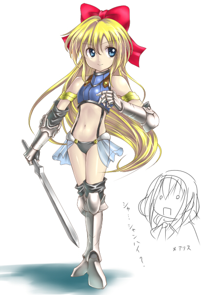 takemori shintarou, alice margatroid, shanghai doll, touhou, bad id, bad pixiv id, translated, 1girl, armlet, armor, bikini armor, blonde hair, blue eyes, female focus, full body, gauntlets, jewelry, midriff, navel, ribbon, solo, surprised, sword, weapon