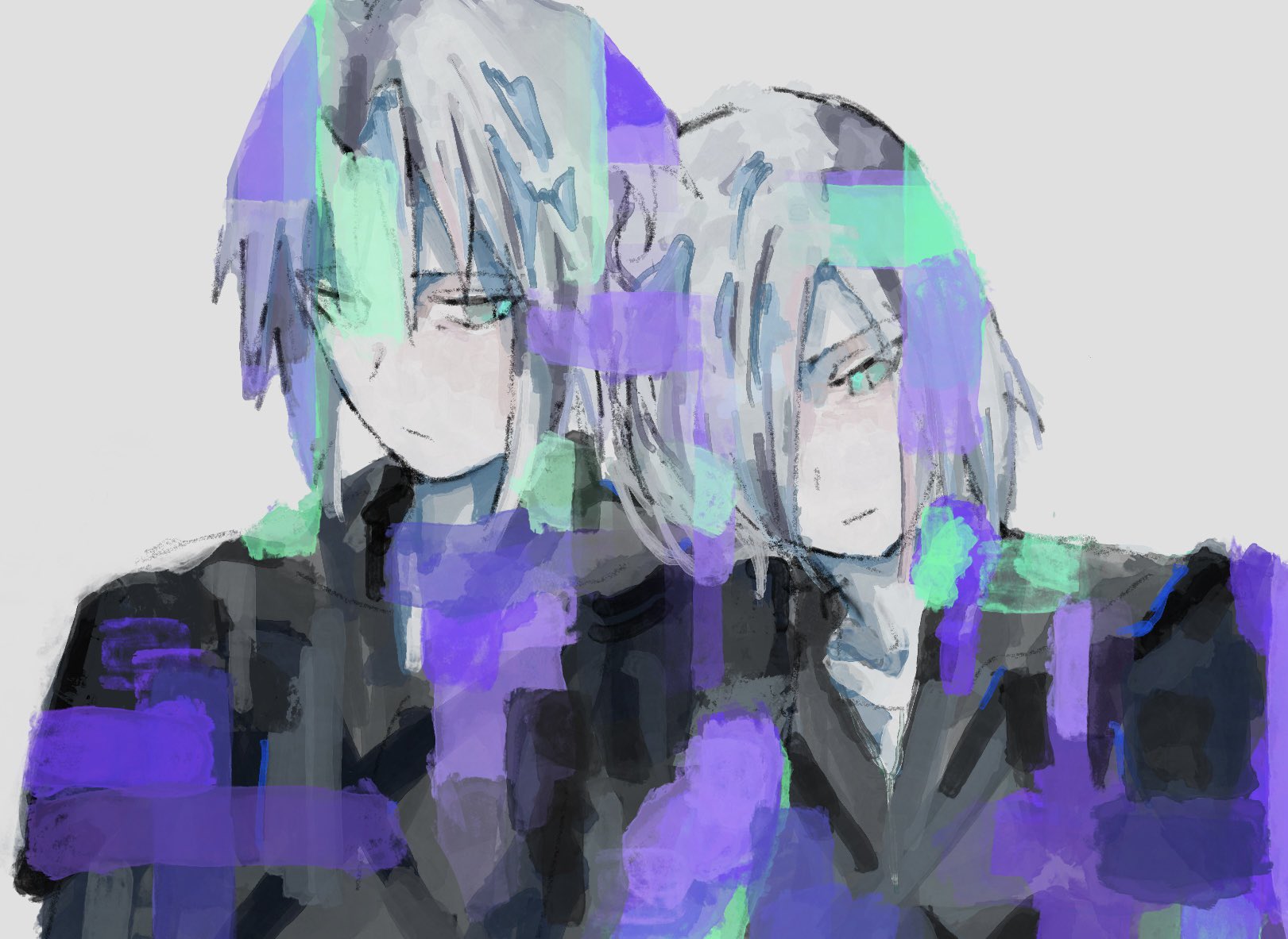 kadaj, sephiroth, sephiroth (ever crisis), final fantasy, final fantasy vii, final fantasy vii advent children, final fantasy vii ever crisis, highres, 2boys, black bodysuit, bodysuit, grey background, grey hair, hair over one eye, kv9g7, light frown, limited palette, looking at another, looking down, male focus, medium hair, multiple boys, sad, short hair, shoulder strap, slit pupils, solo, time paradox, upper body