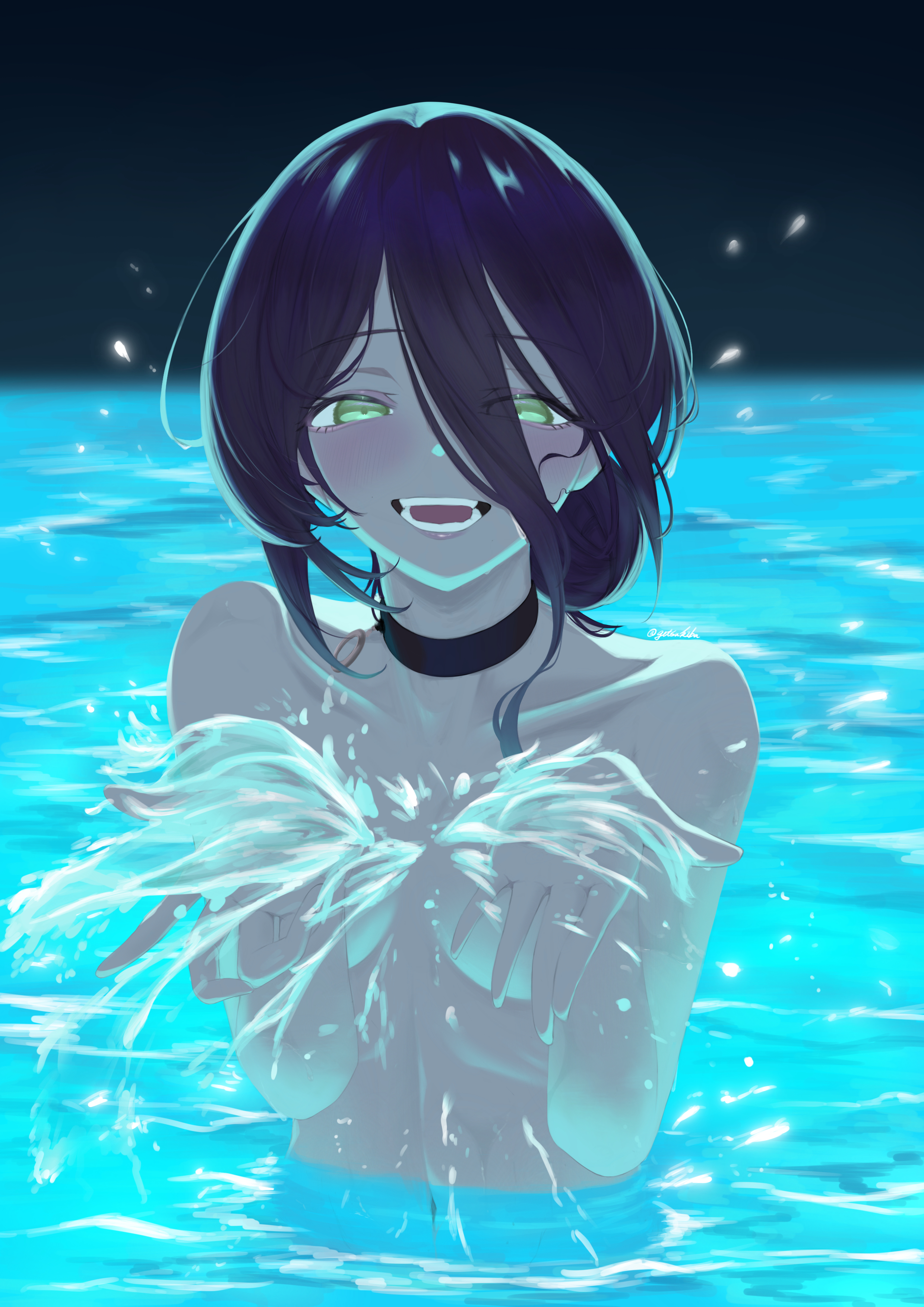 getsukiba, reze (chainsaw man), chainsaw man, absurdres, highres, black choker, blue hair, breasts, choker, green eyes, grenade pin, hair between eyes, long hair between eyes, looking at viewer, nude, open mouth, partially submerged, pool, small breasts, splashing, teeth, water