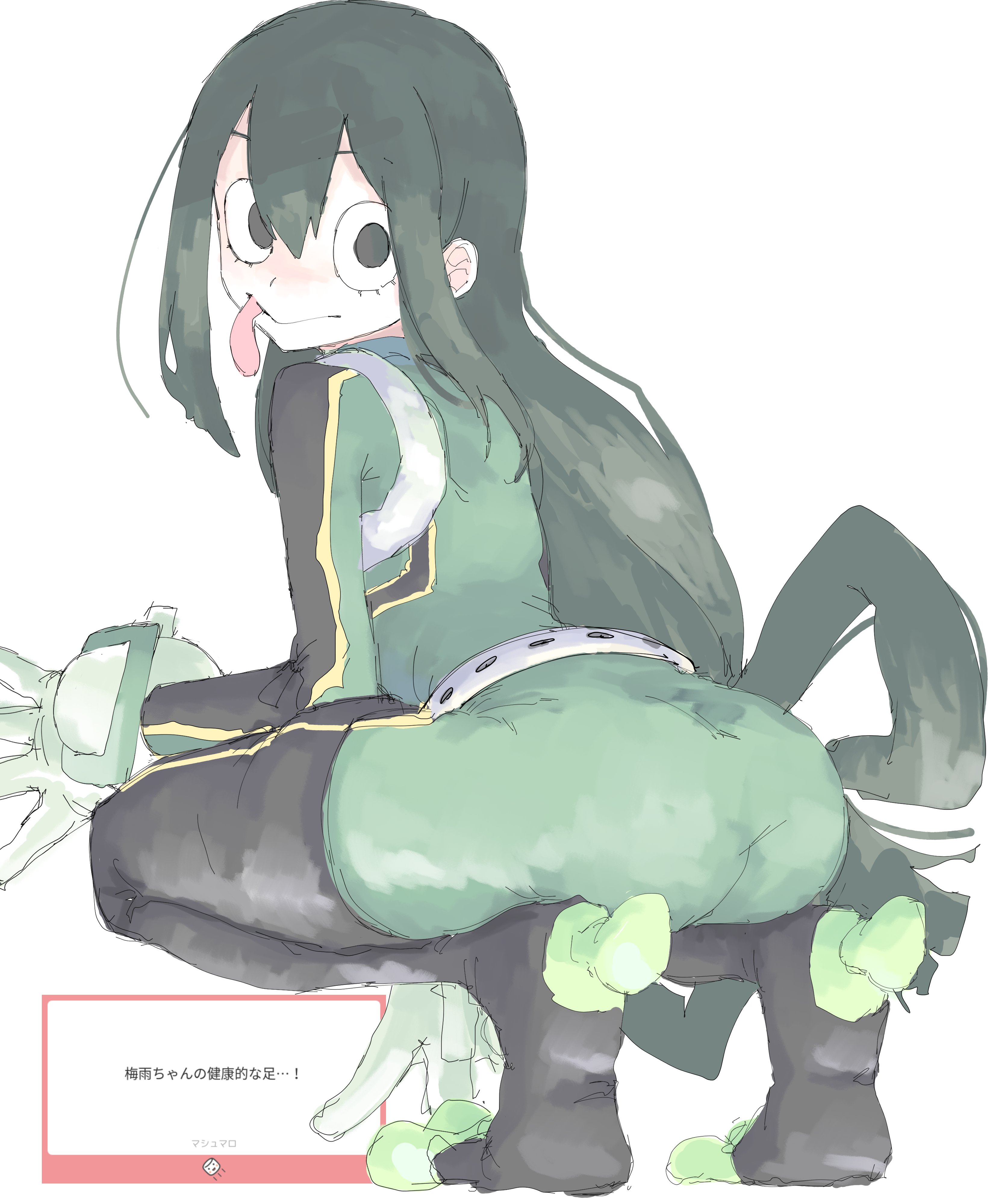 mocamocaink, asui tsuyu, boku no hero academia, absurdres, commentary request, highres, 1girl, ass, black eyes, black hair, bodysuit, frog girl, from behind, gloves, green bodysuit, green gloves, hair rings, long hair, long tongue, looking at viewer, looking back, low-tied long hair, marshmallow (site), request inset, simple background, sketch, solo, squatting, thighs, tiptoes, tongue, tongue out, white background