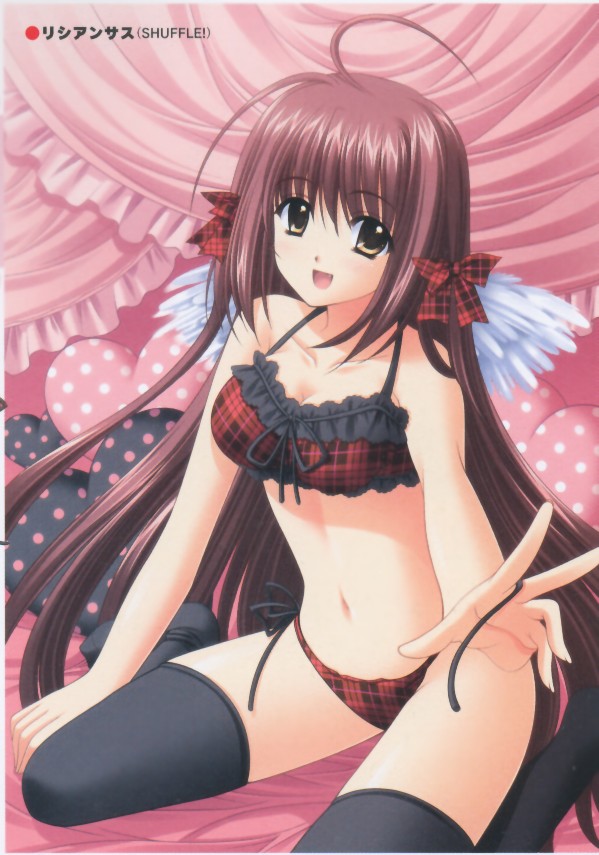nishimata aoi, lisianthus, shuffle!, absurdres, highres, official art, 00s, 1girl, ahoge, angel wings, bed, bra, breasts, brown eyes, brown hair, cleavage, fang, female focus, hair ribbon, lingerie, long hair, navel, open mouth, panties, ribbon, side-tie panties, smile, solo, stomach, thighhighs, underwear, underwear only, wings