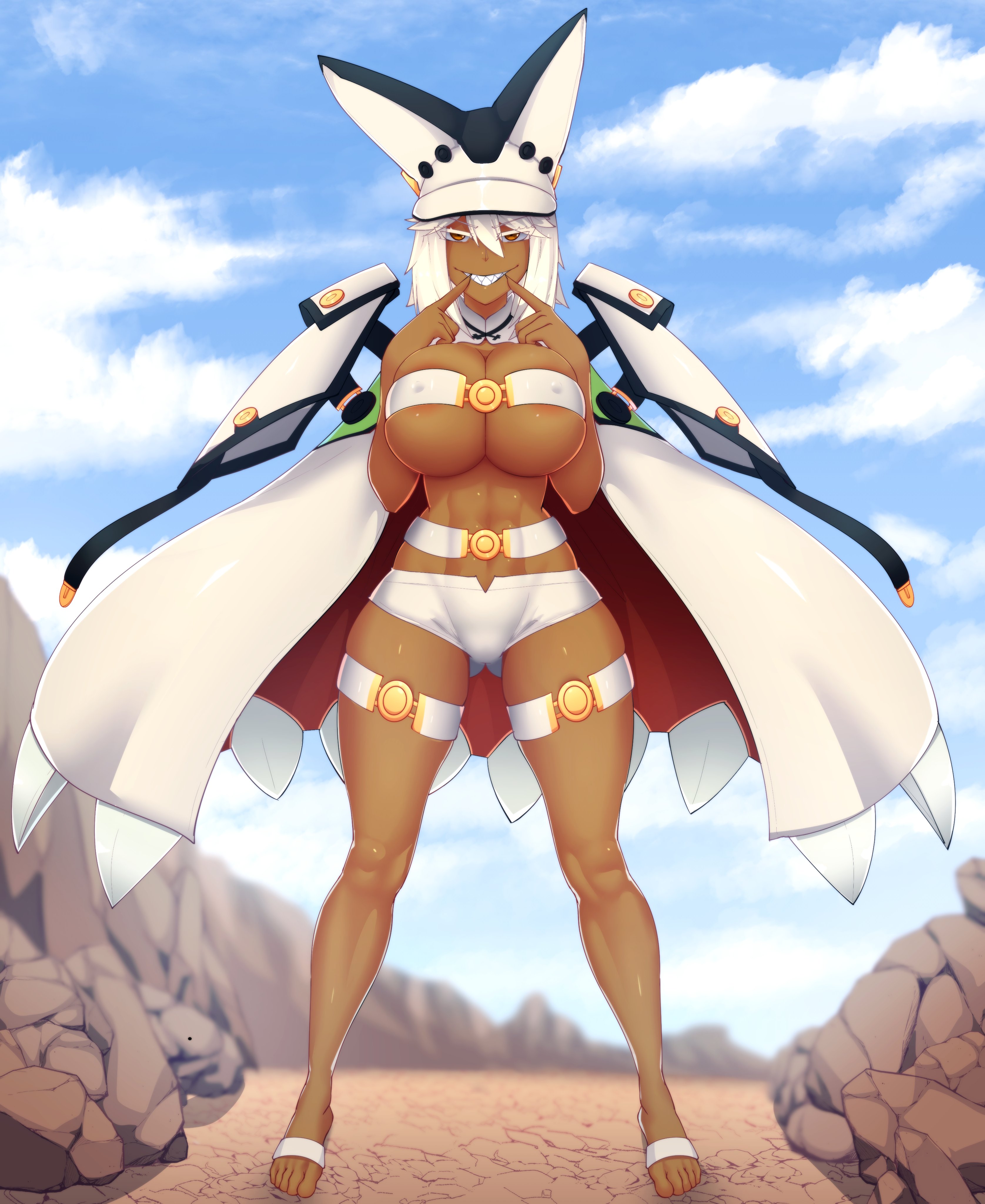karmanseph, ramlethal valentine, guilty gear, guilty gear xrd, absurdres, bad source, highres, barefoot, belt, belt bra, blurry, blurry background, breasts, cleavage, coat, coat on shoulders, dark-skinned female, dark skin, fingers to mouth, fingersmile, hat, large breasts, looking at viewer, medium hair, navel, orange eyes, rock, sharp teeth, short shorts, shorts, sky, smile, solo, teeth, thigh strap, toned, underboob, white belt, white coat, white hair, white shorts