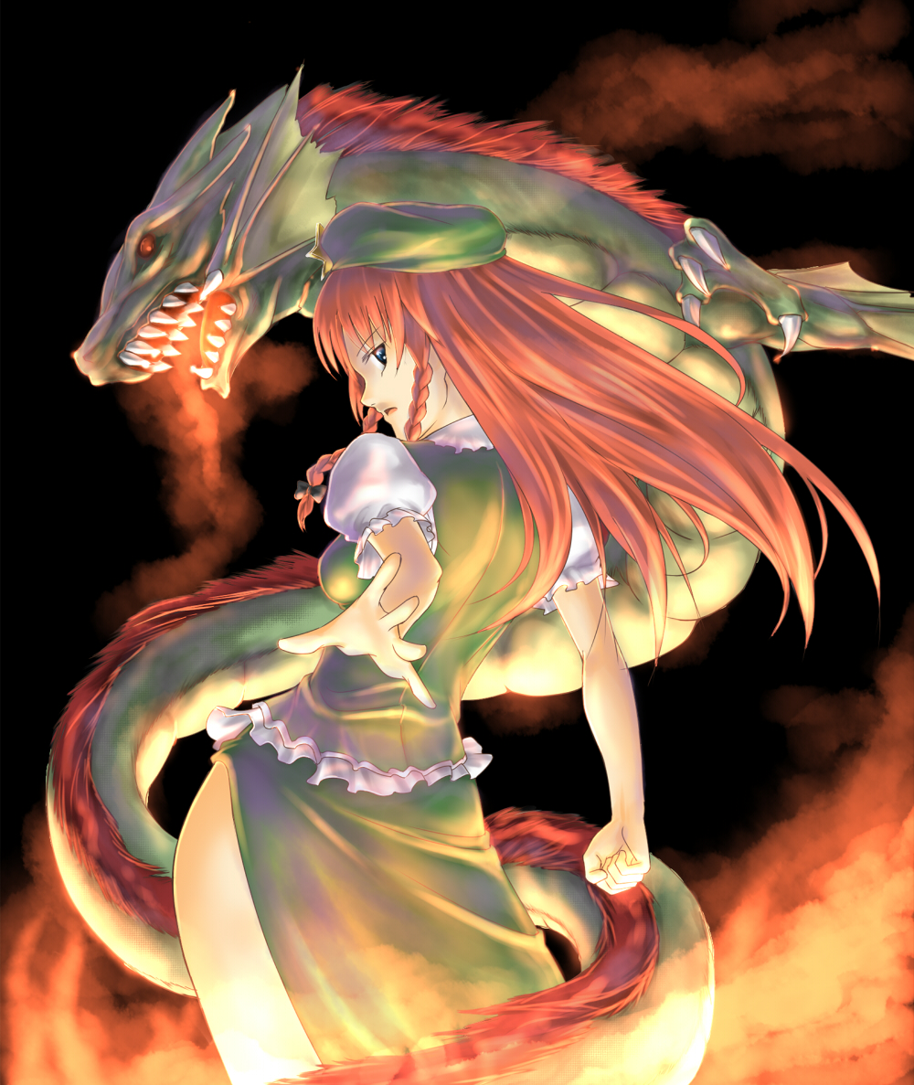 takemori shintarou, ex-meiling, hong meiling, immaterial and missing power, touhou, bad id, bad pixiv id, 1girl, blue eyes, braid, breasts, china dress, chinese clothes, dragon, dress, female focus, fire, from behind, hat, looking back, red hair, solo, twin braids