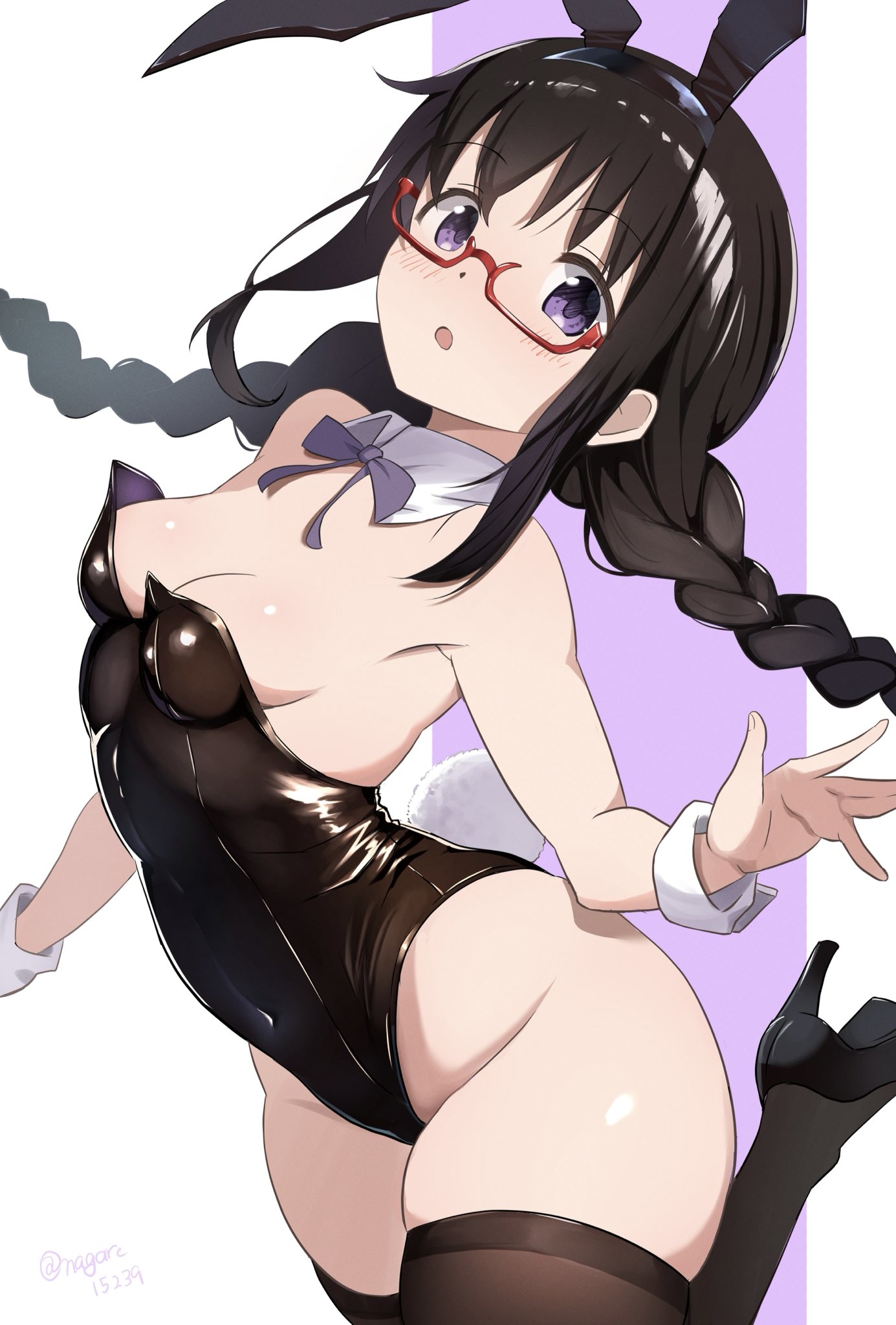 nagare (flow), akemi homura, mahou shoujo madoka magica, mahou shoujo madoka magica (anime), highres, 1girl, animal ear hairband, animal ears, bare shoulders, black hair, black leotard, blush, bow, bowtie, braid, breasts, covered navel, detached collar, fake animal ears, fake tail, hairband, high heels, highleg, highleg leotard, leotard, long hair, looking at viewer, playboy bunny, purple eyes, rabbit ear hairband, rabbit ears, rabbit tail, small breasts, solo, strapless, strapless leotard, tail, thick thighs, thighhighs, thighs, twin braids, white wrist cuffs, wrist cuffs