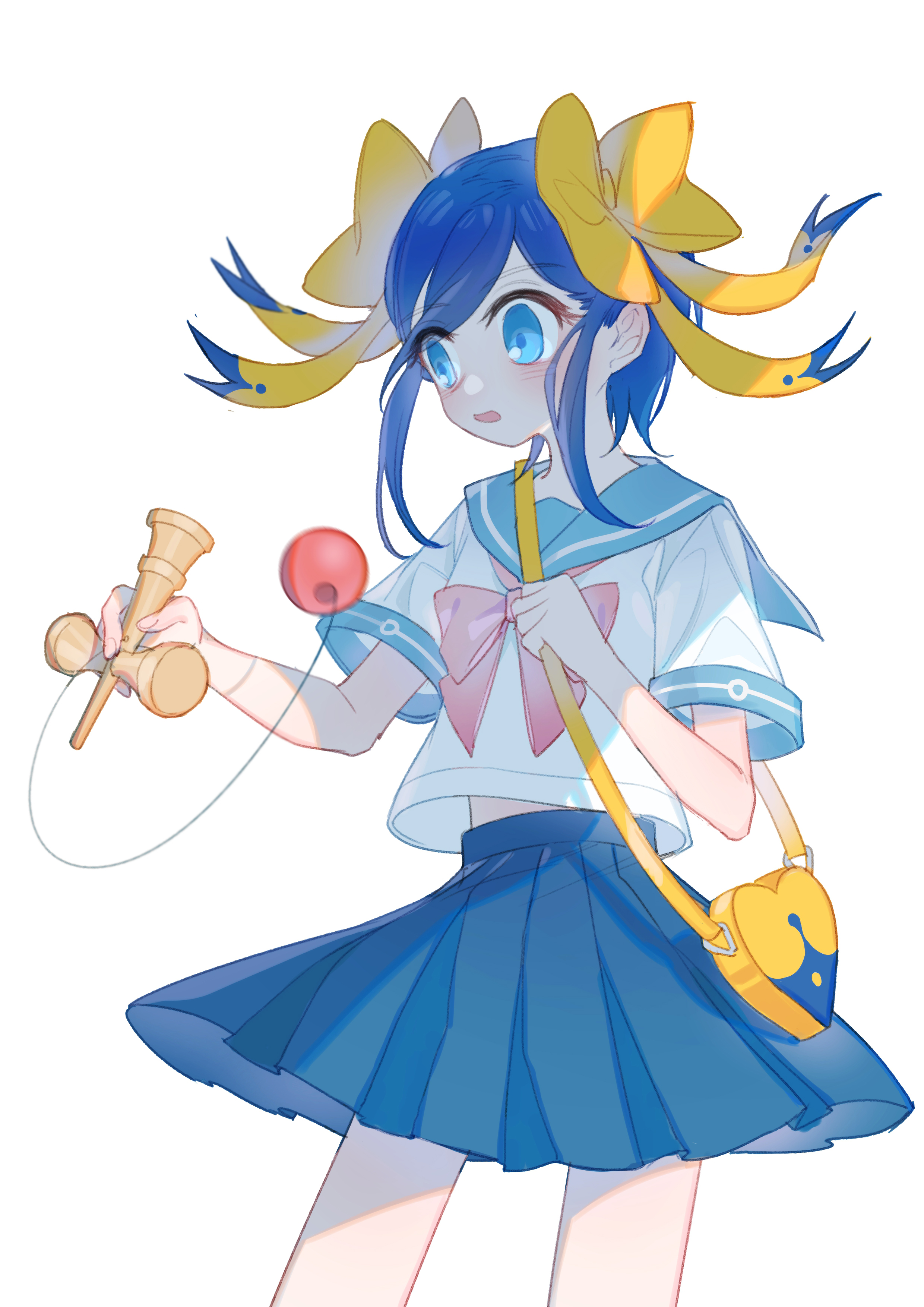 fox (770205490), yukariki ichihime, zaregoto series, absurdres, highres, 1girl, bag, blue eyes, blue hair, blue sailor collar, blue skirt, blush, bow, bowtie, feet out of frame, hair bow, heart-shaped bag, holding, holding toy, kendama, multiple hair bows, open mouth, pink bow, pink bowtie, playing, sailor collar, school uniform, serafuku, shirt, short hair, shoulder bag, simple background, skirt, solo, standing, toy, white background, white shirt, yellow bow